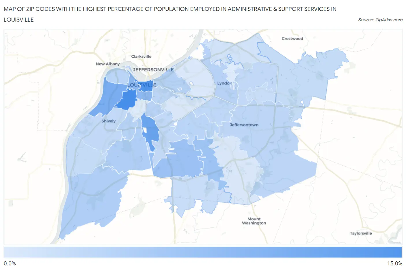 Zip Codes with the Highest Percentage of Population Employed in Administrative & Support Services in Louisville Map