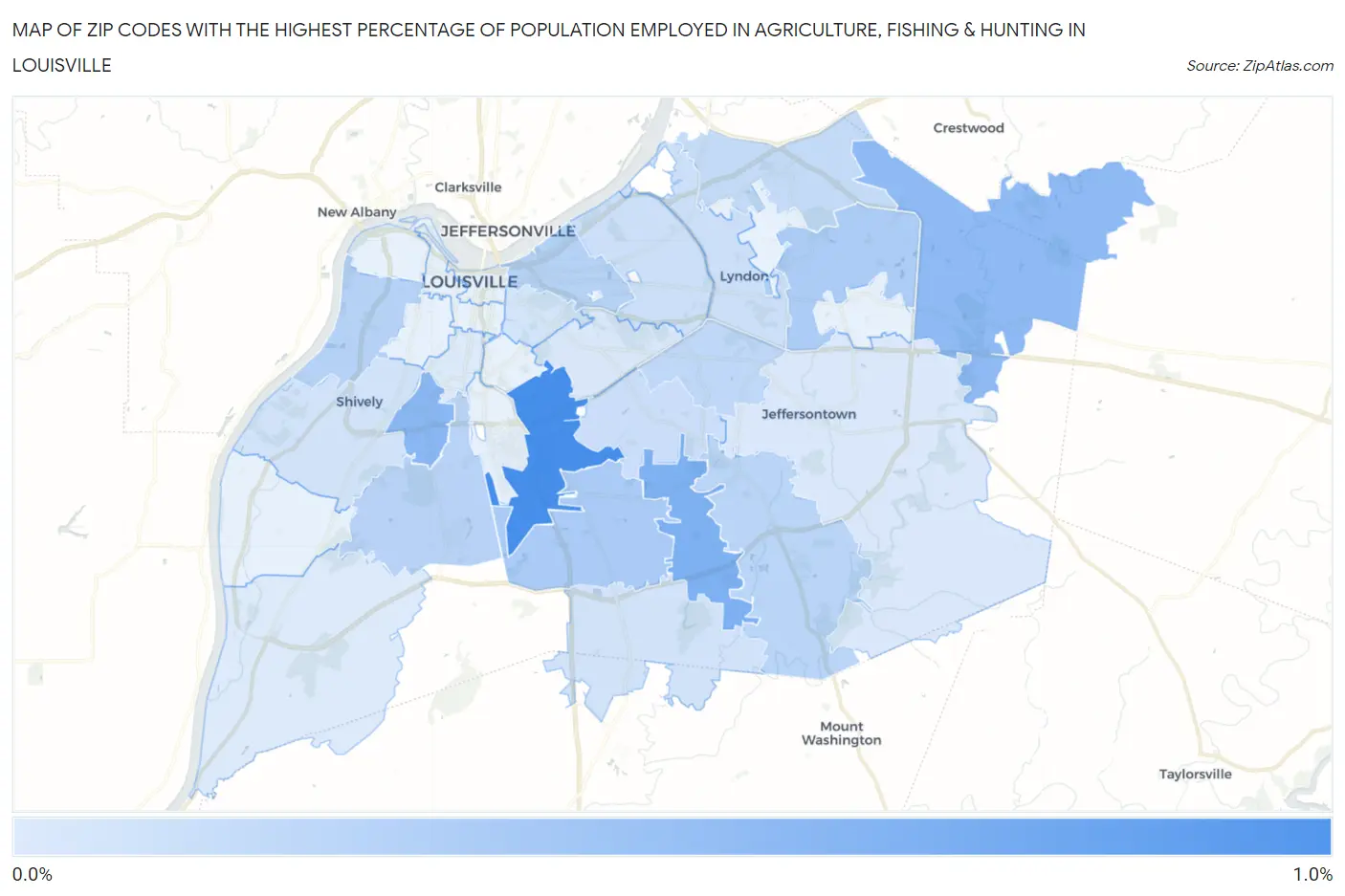 Zip Codes with the Highest Percentage of Population Employed in Agriculture, Fishing & Hunting in Louisville Map