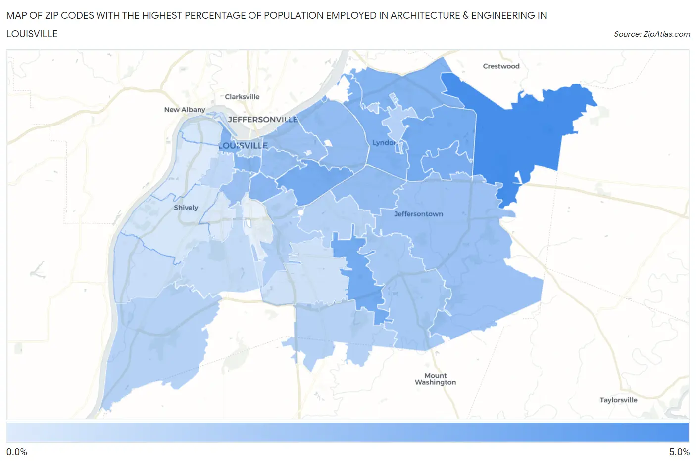 Zip Codes with the Highest Percentage of Population Employed in Architecture & Engineering in Louisville Map