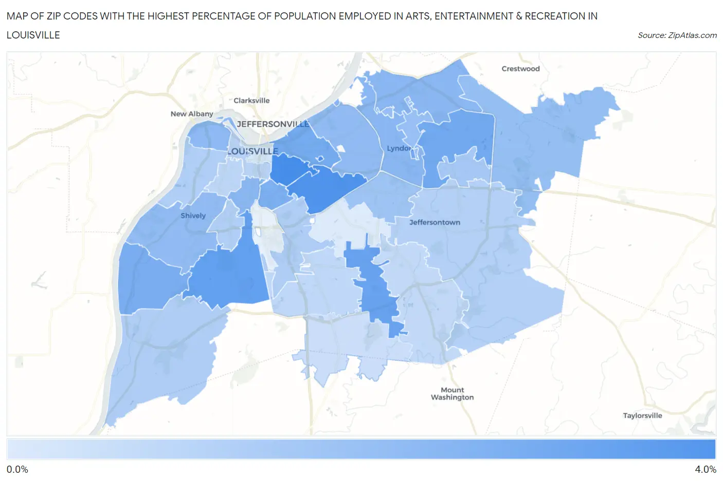 Zip Codes with the Highest Percentage of Population Employed in Arts, Entertainment & Recreation in Louisville Map