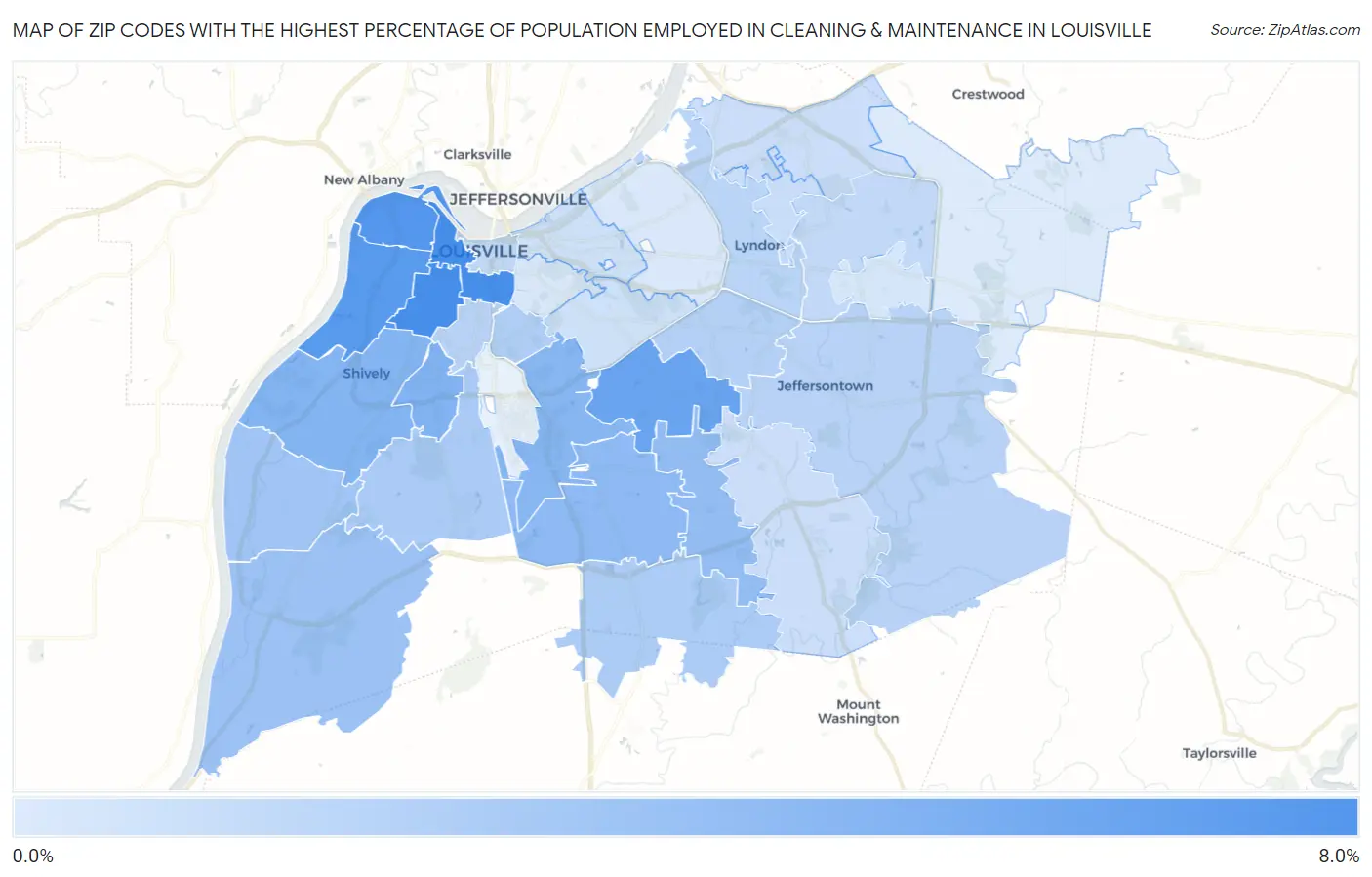 Zip Codes with the Highest Percentage of Population Employed in Cleaning & Maintenance in Louisville Map