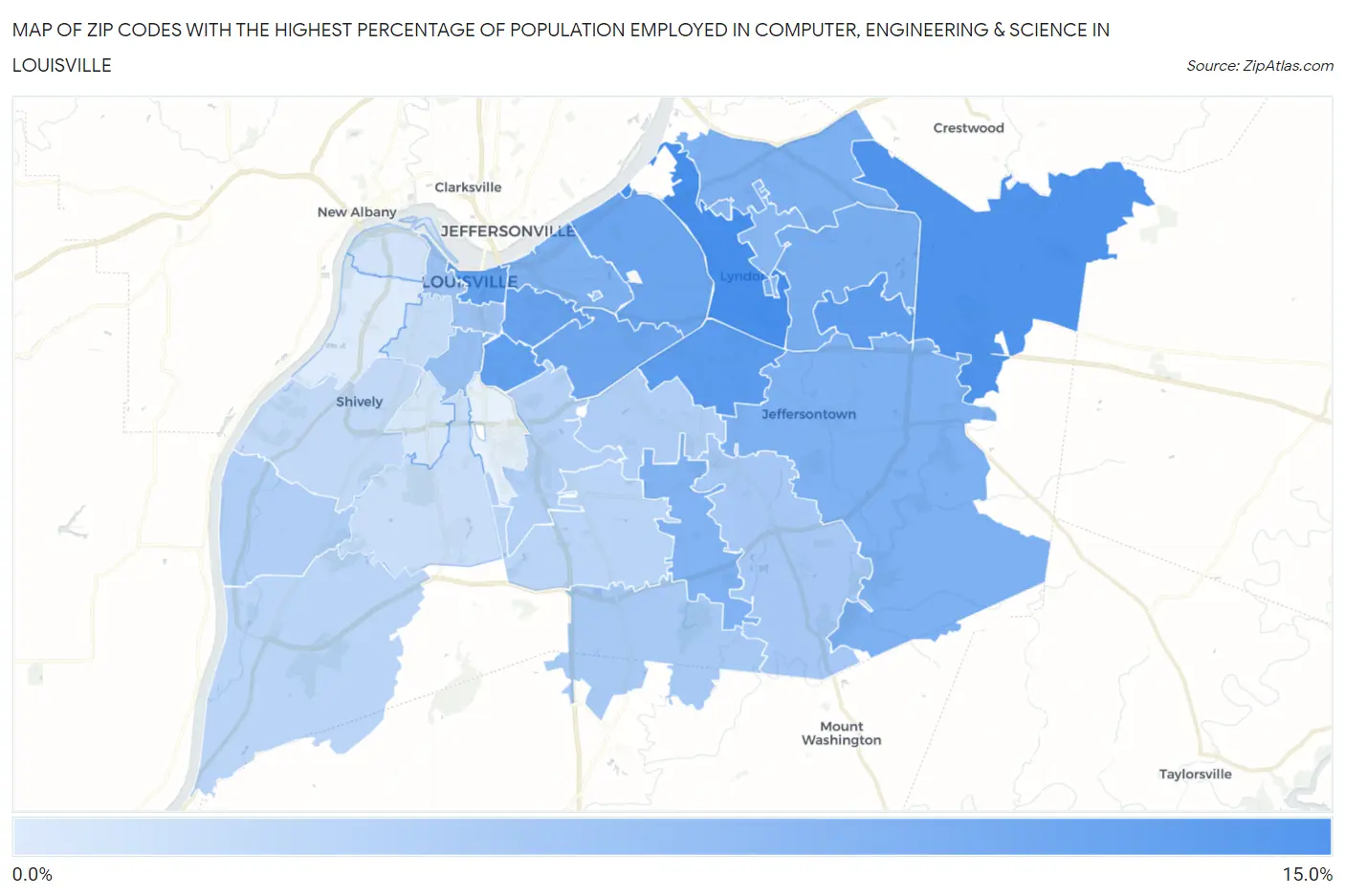 Zip Codes with the Highest Percentage of Population Employed in Computer, Engineering & Science in Louisville Map