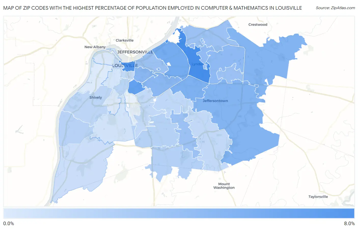 Zip Codes with the Highest Percentage of Population Employed in Computer & Mathematics in Louisville Map
