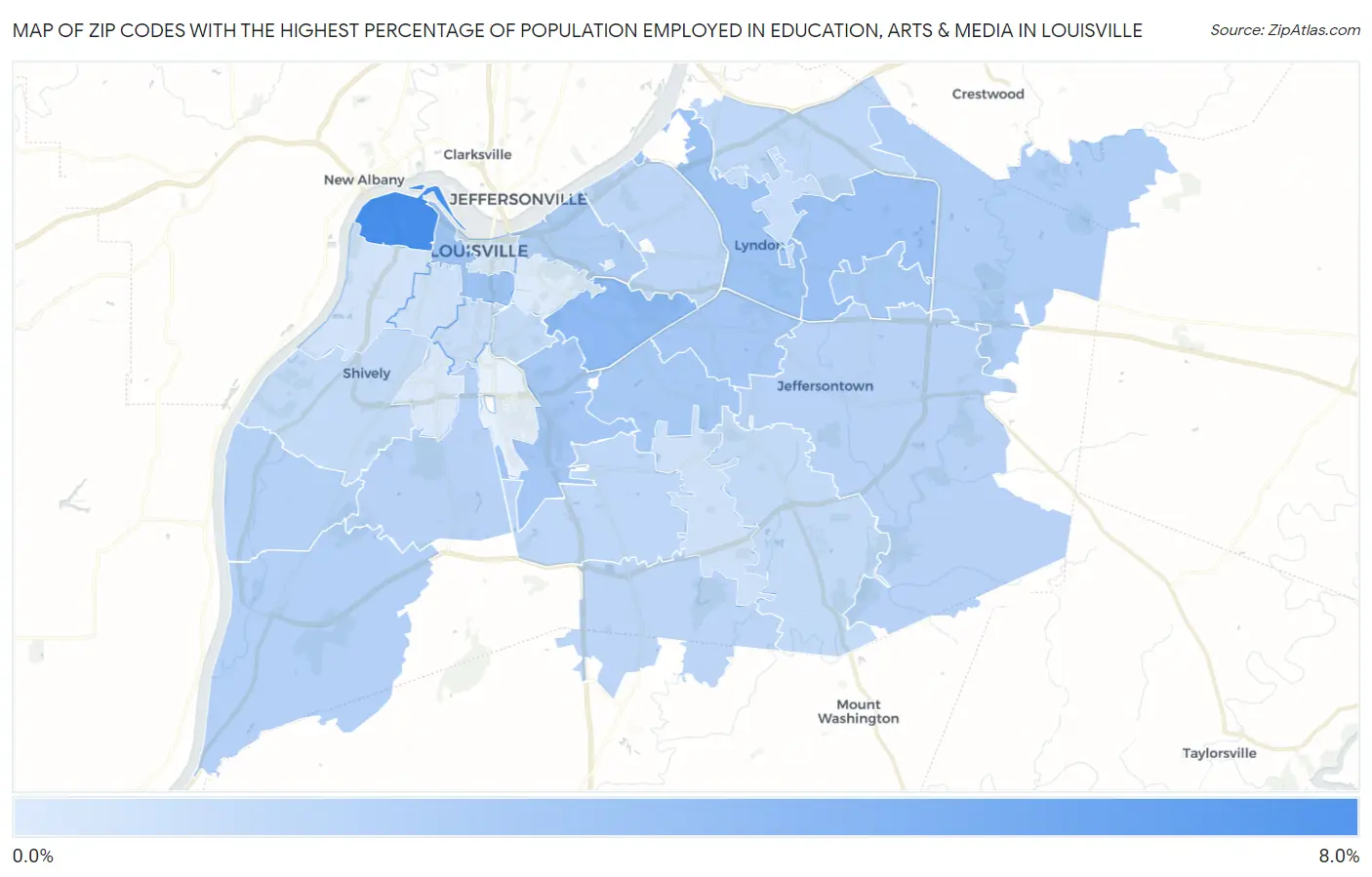 Zip Codes with the Highest Percentage of Population Employed in Education, Arts & Media in Louisville Map