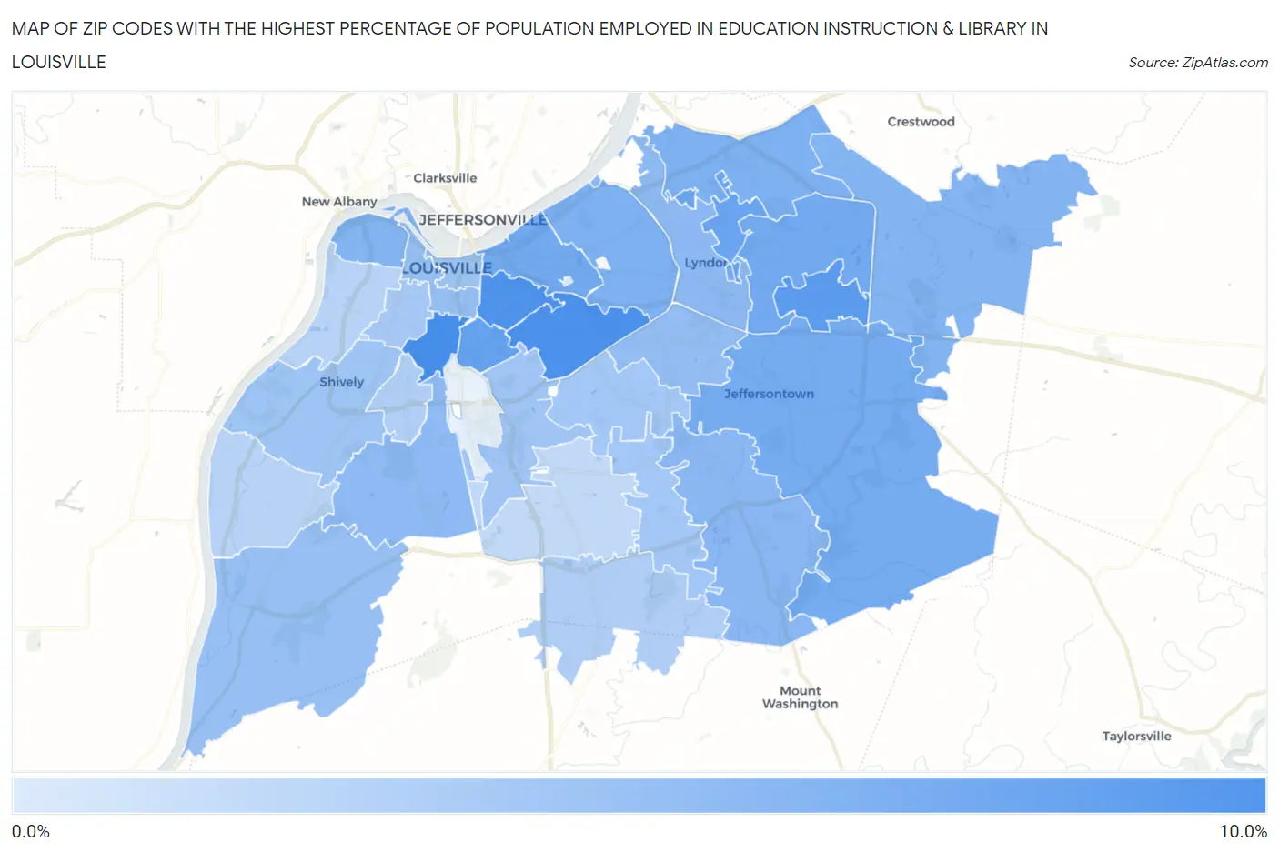 Zip Codes with the Highest Percentage of Population Employed in Education Instruction & Library in Louisville Map