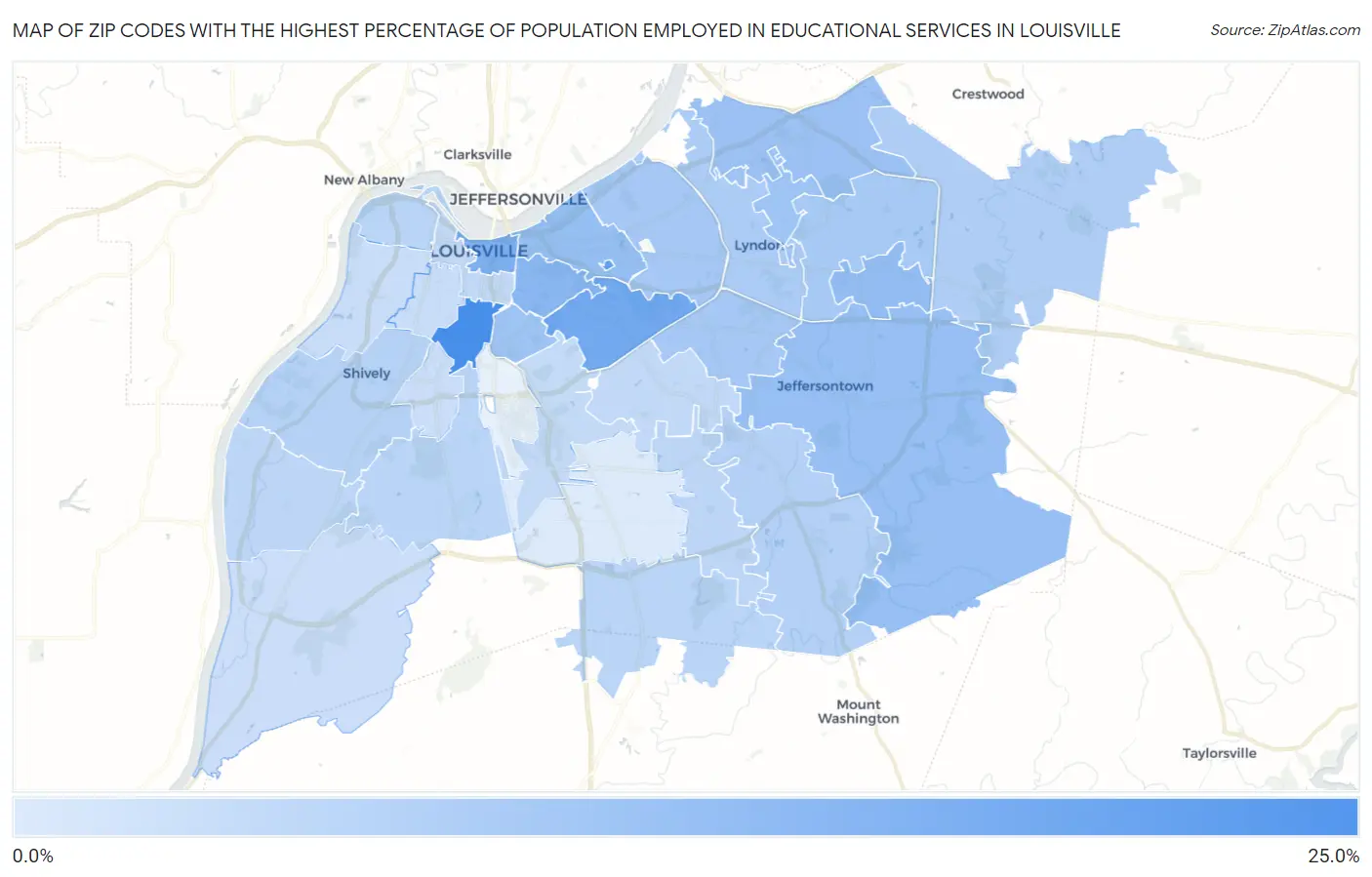 Zip Codes with the Highest Percentage of Population Employed in Educational Services in Louisville Map