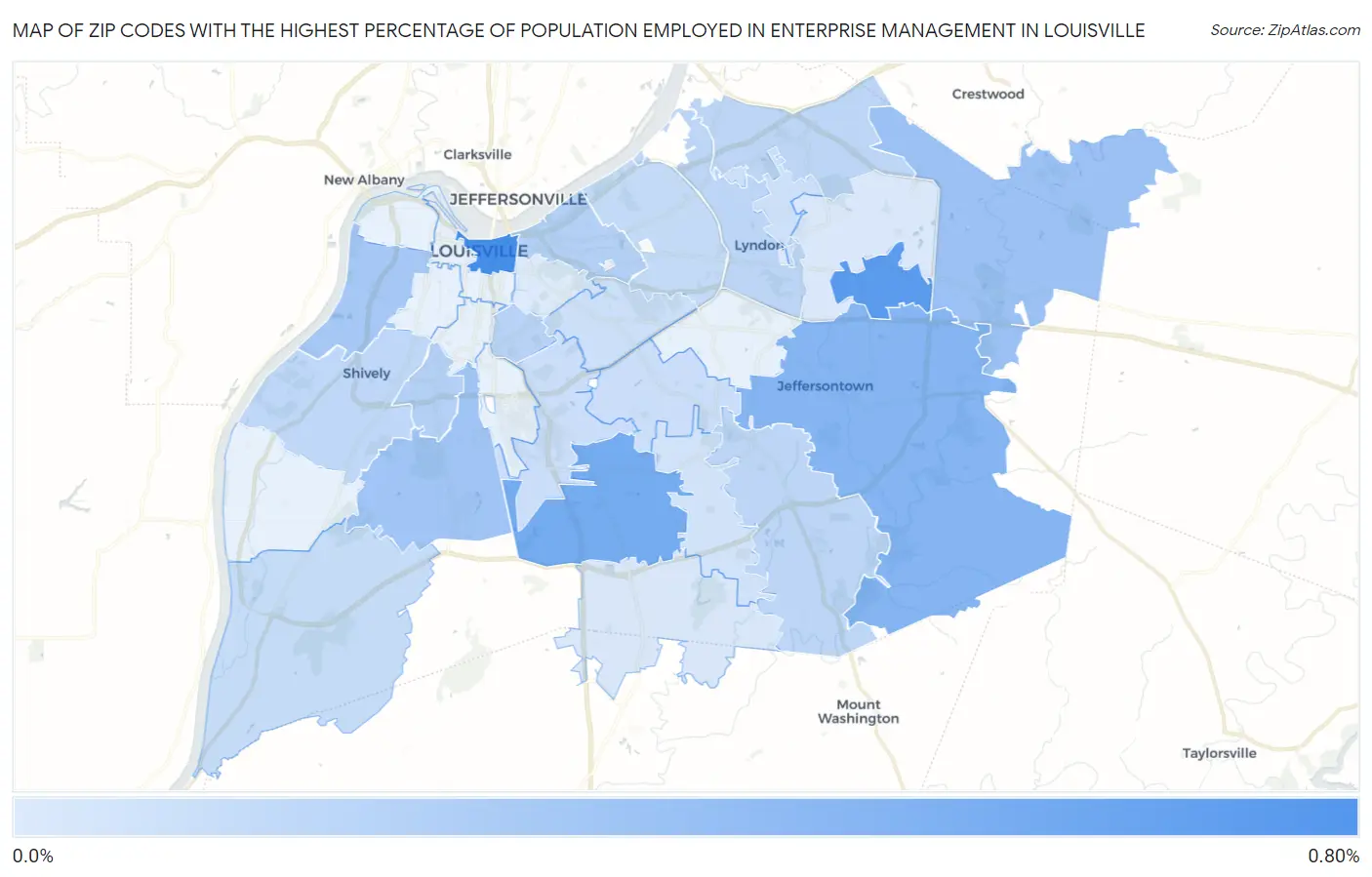 Zip Codes with the Highest Percentage of Population Employed in Enterprise Management in Louisville Map