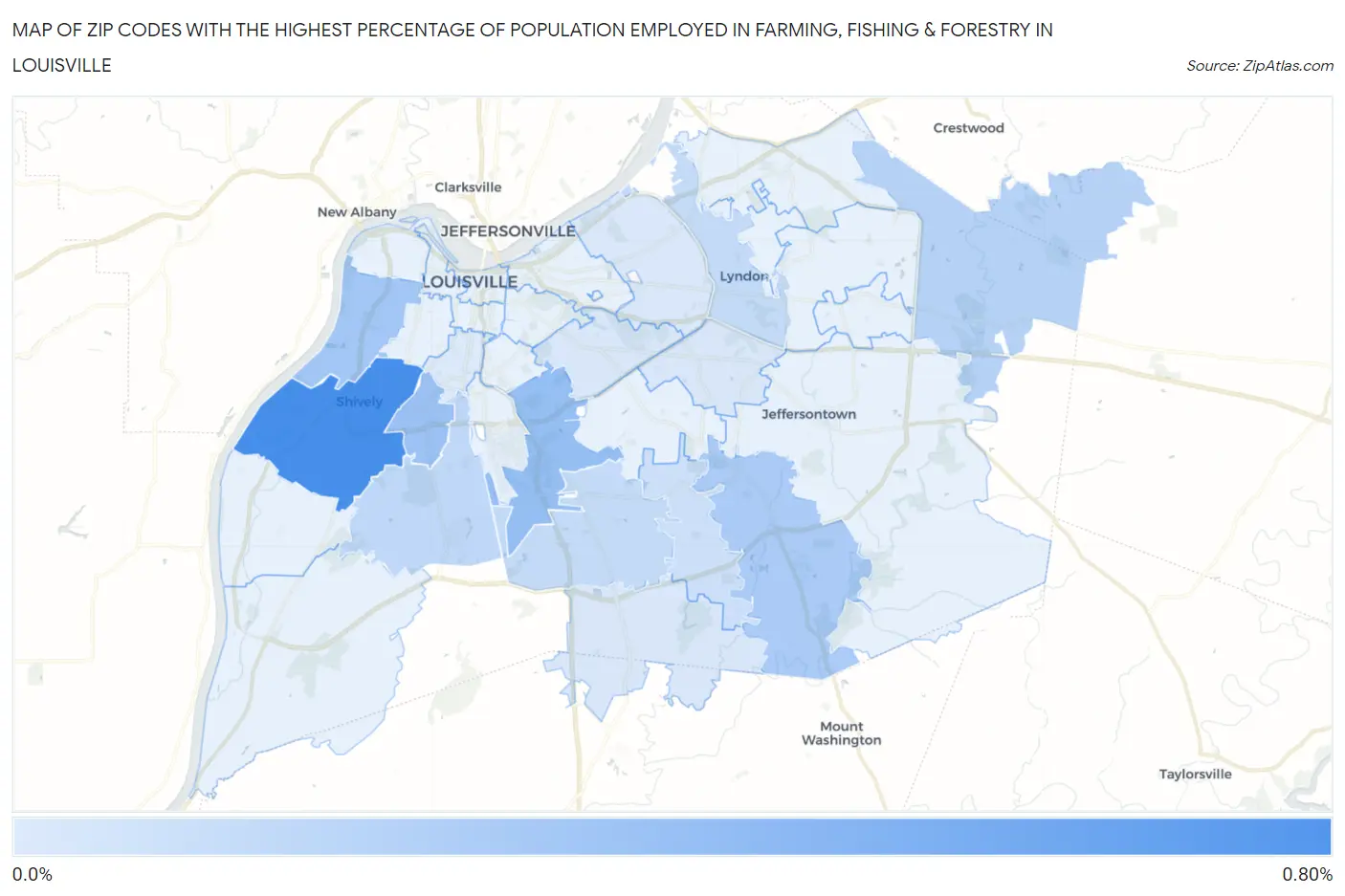Zip Codes with the Highest Percentage of Population Employed in Farming, Fishing & Forestry in Louisville Map