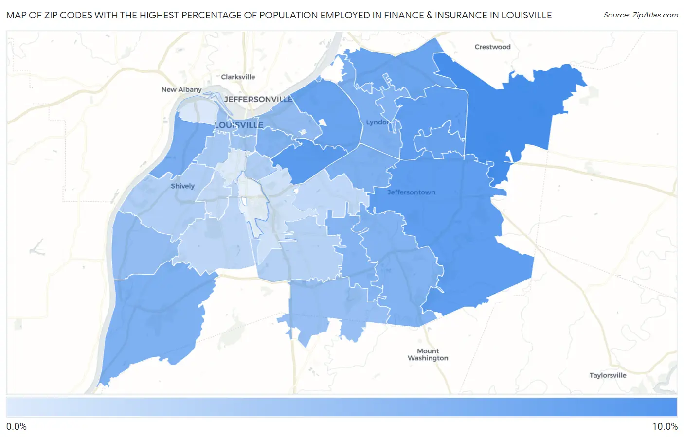 Zip Codes with the Highest Percentage of Population Employed in Finance & Insurance in Louisville Map