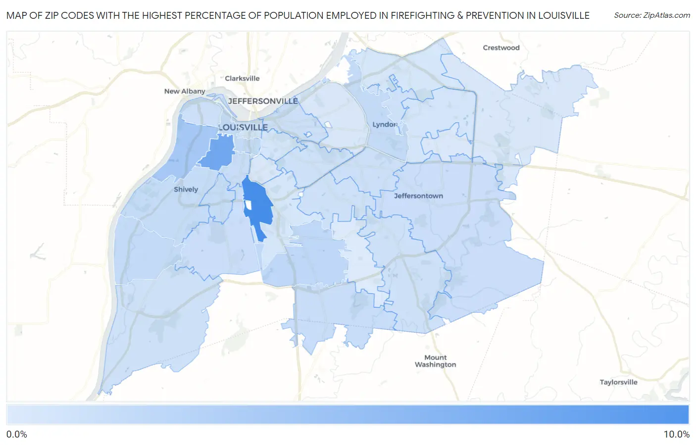 Zip Codes with the Highest Percentage of Population Employed in Firefighting & Prevention in Louisville Map