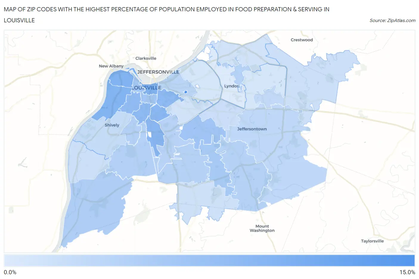 Zip Codes with the Highest Percentage of Population Employed in Food Preparation & Serving in Louisville Map