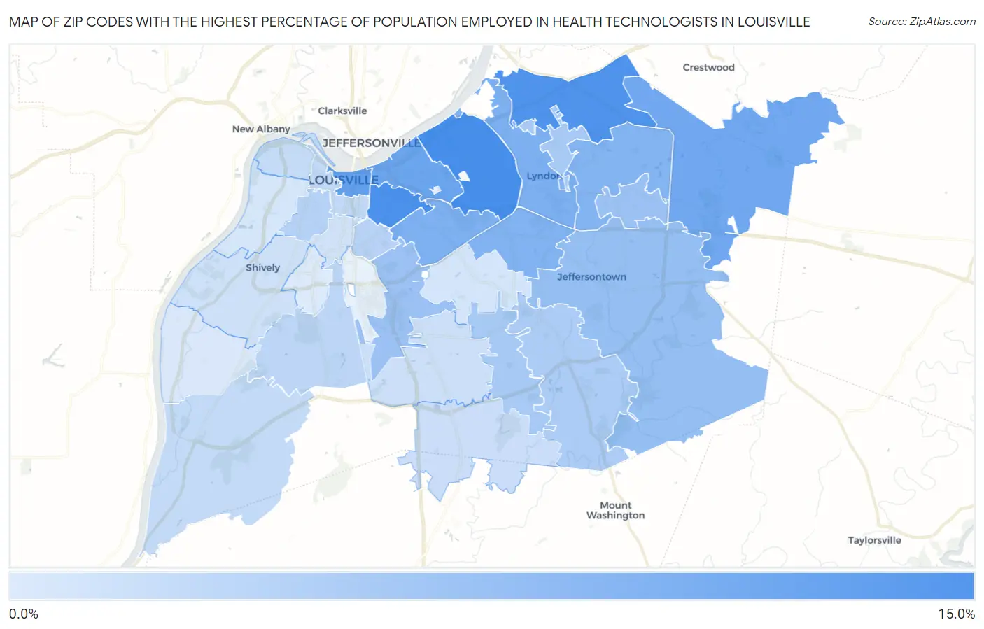 Zip Codes with the Highest Percentage of Population Employed in Health Technologists in Louisville Map