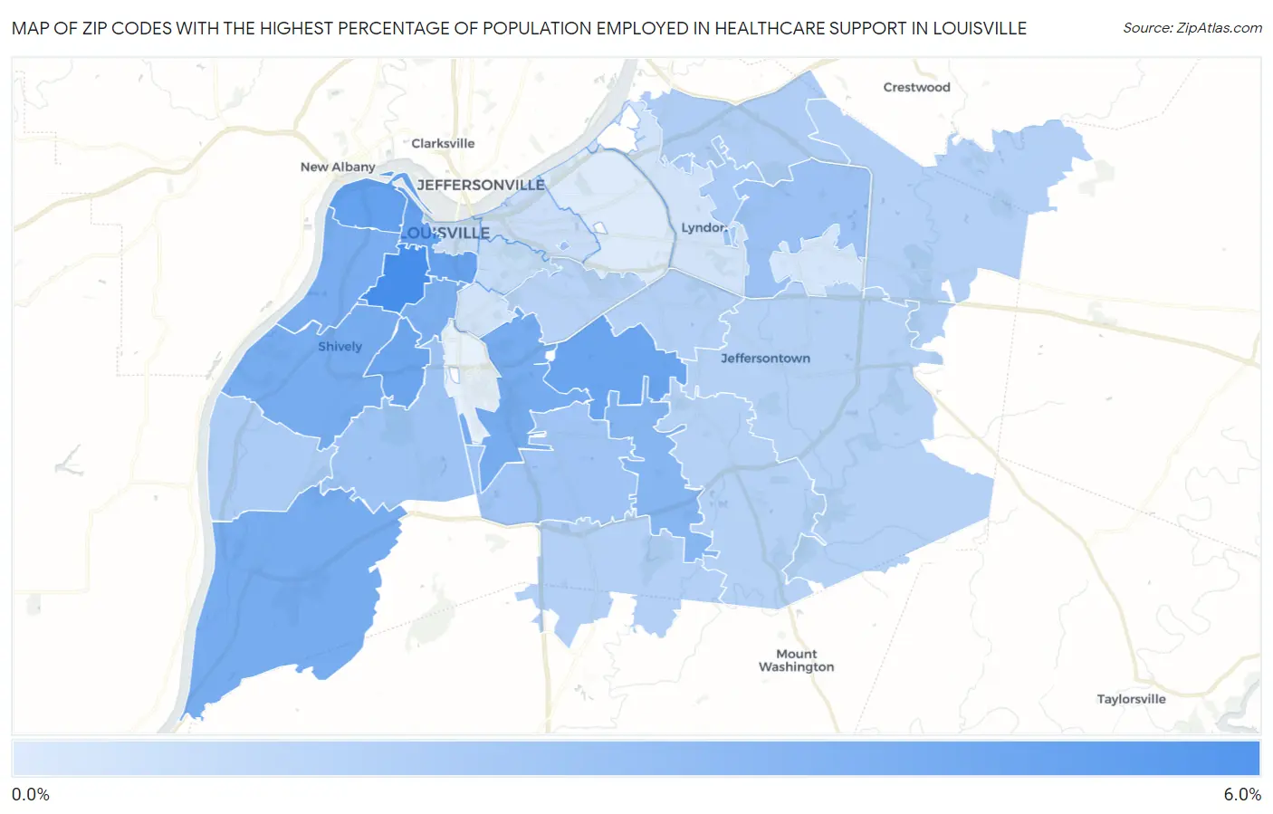 Zip Codes with the Highest Percentage of Population Employed in Healthcare Support in Louisville Map
