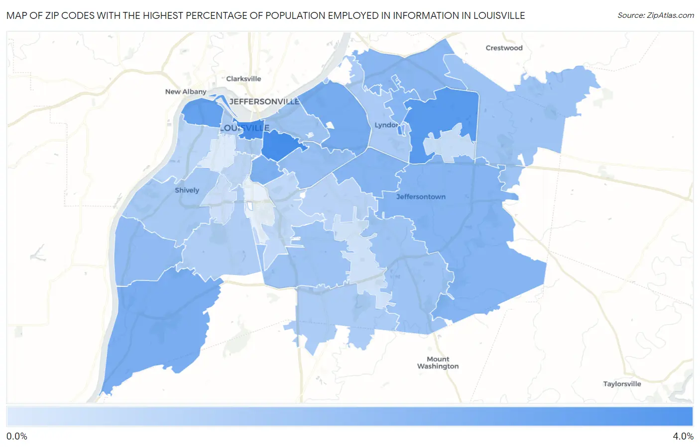 Zip Codes with the Highest Percentage of Population Employed in Information in Louisville Map