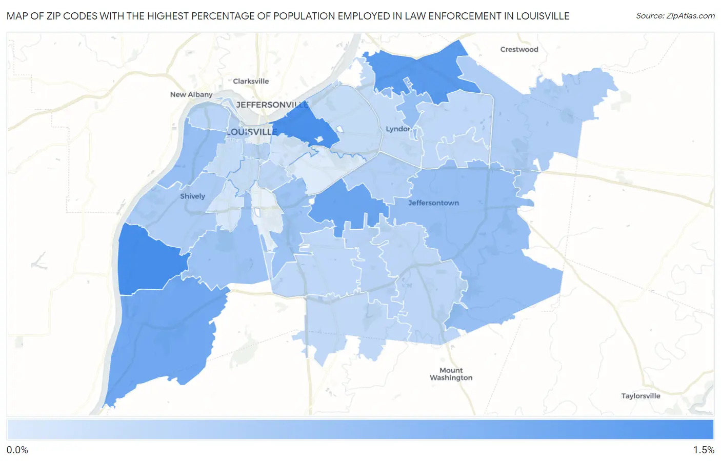 Zip Codes with the Highest Percentage of Population Employed in Law Enforcement in Louisville Map