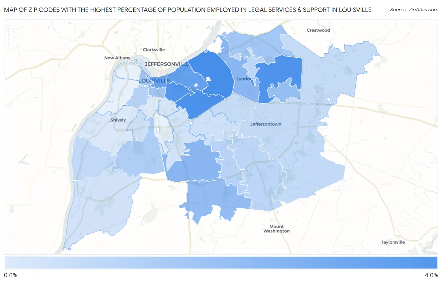 Zip Codes with the Highest Percentage of Population Employed in Legal Services & Support in Louisville Map