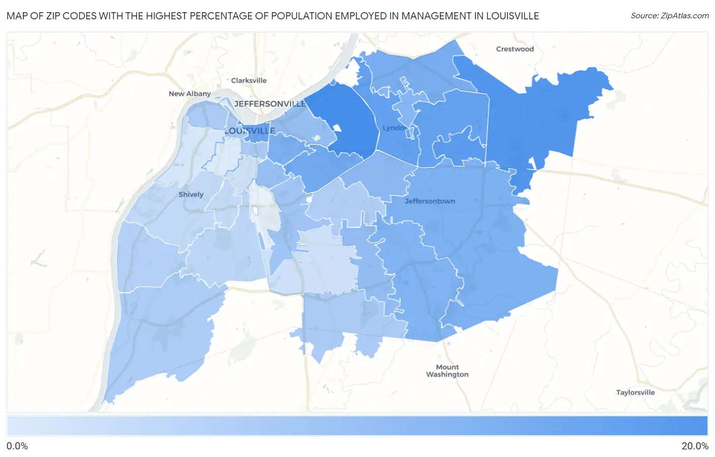 Zip Codes with the Highest Percentage of Population Employed in Management in Louisville Map