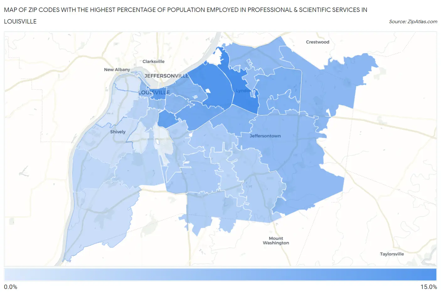 Zip Codes with the Highest Percentage of Population Employed in Professional & Scientific Services in Louisville Map
