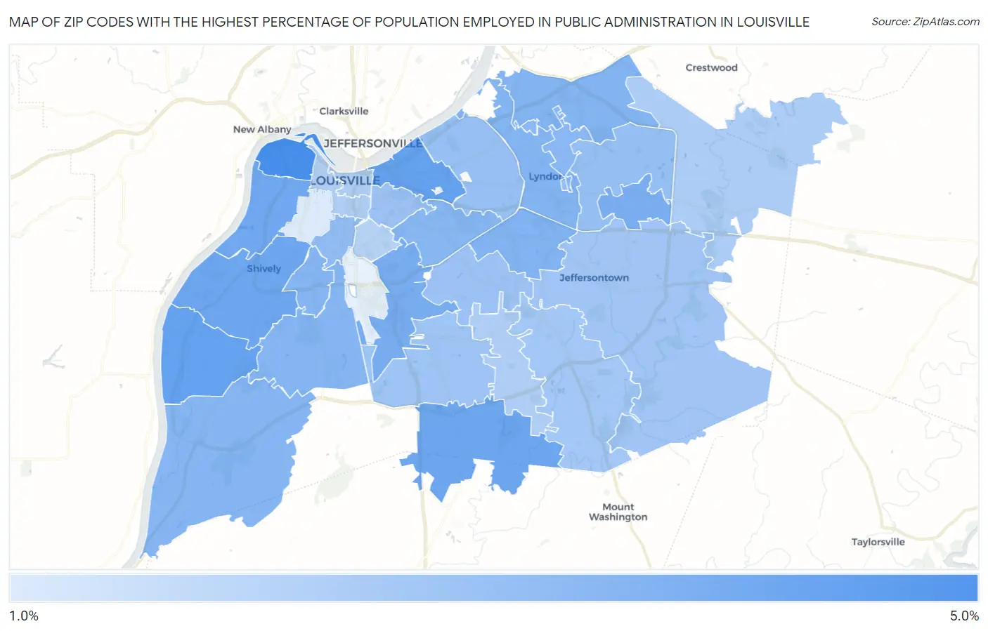 Zip Codes with the Highest Percentage of Population Employed in Public Administration in Louisville Map
