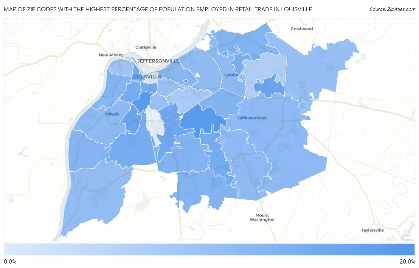 Zip Codes with the Highest Percentage of Population Employed in Retail Trade in Louisville Map