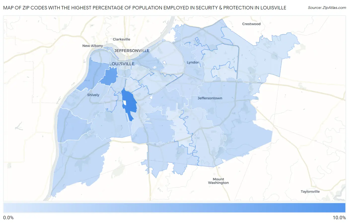 Zip Codes with the Highest Percentage of Population Employed in Security & Protection in Louisville Map