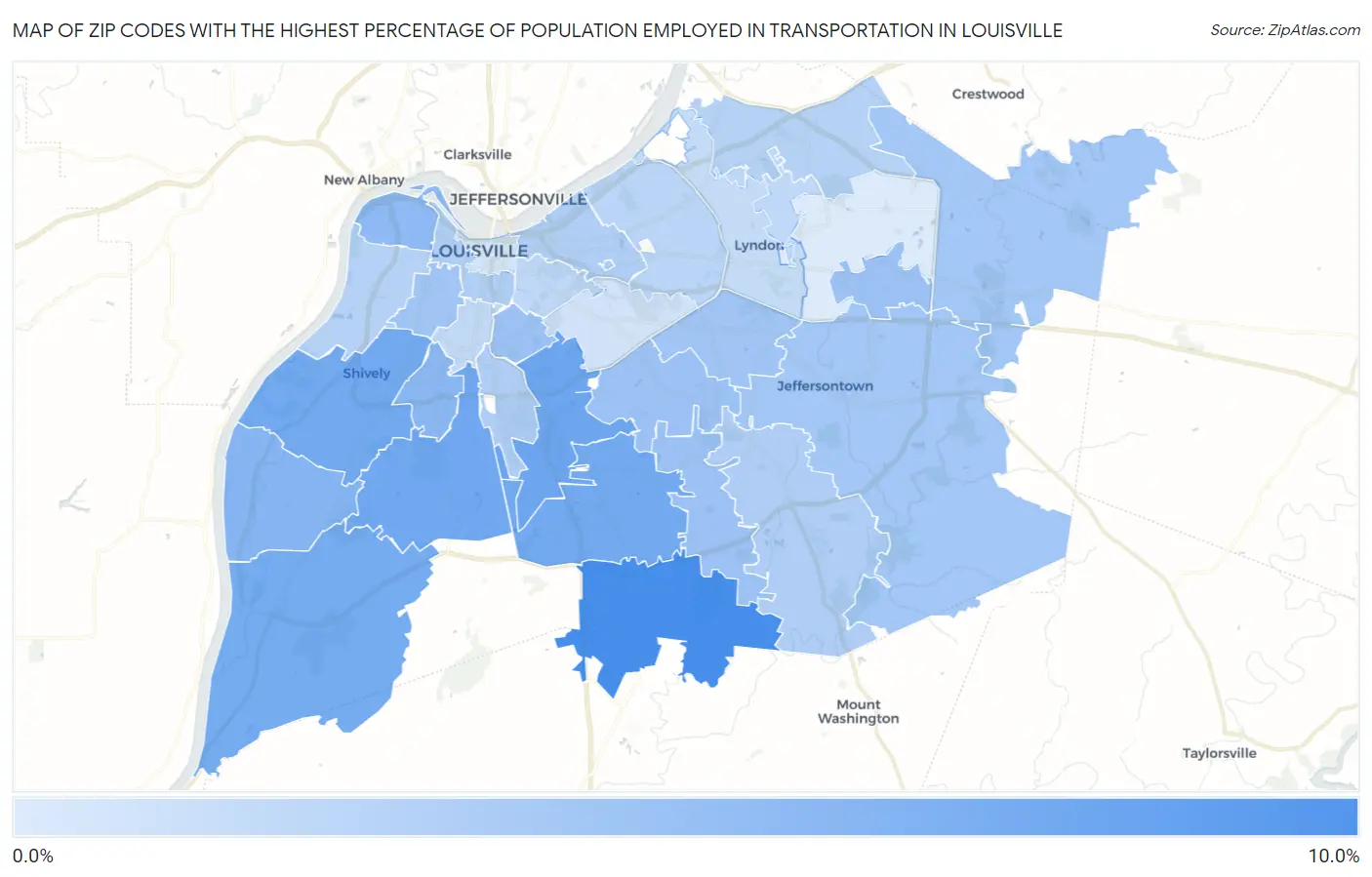 Zip Codes with the Highest Percentage of Population Employed in Transportation in Louisville Map
