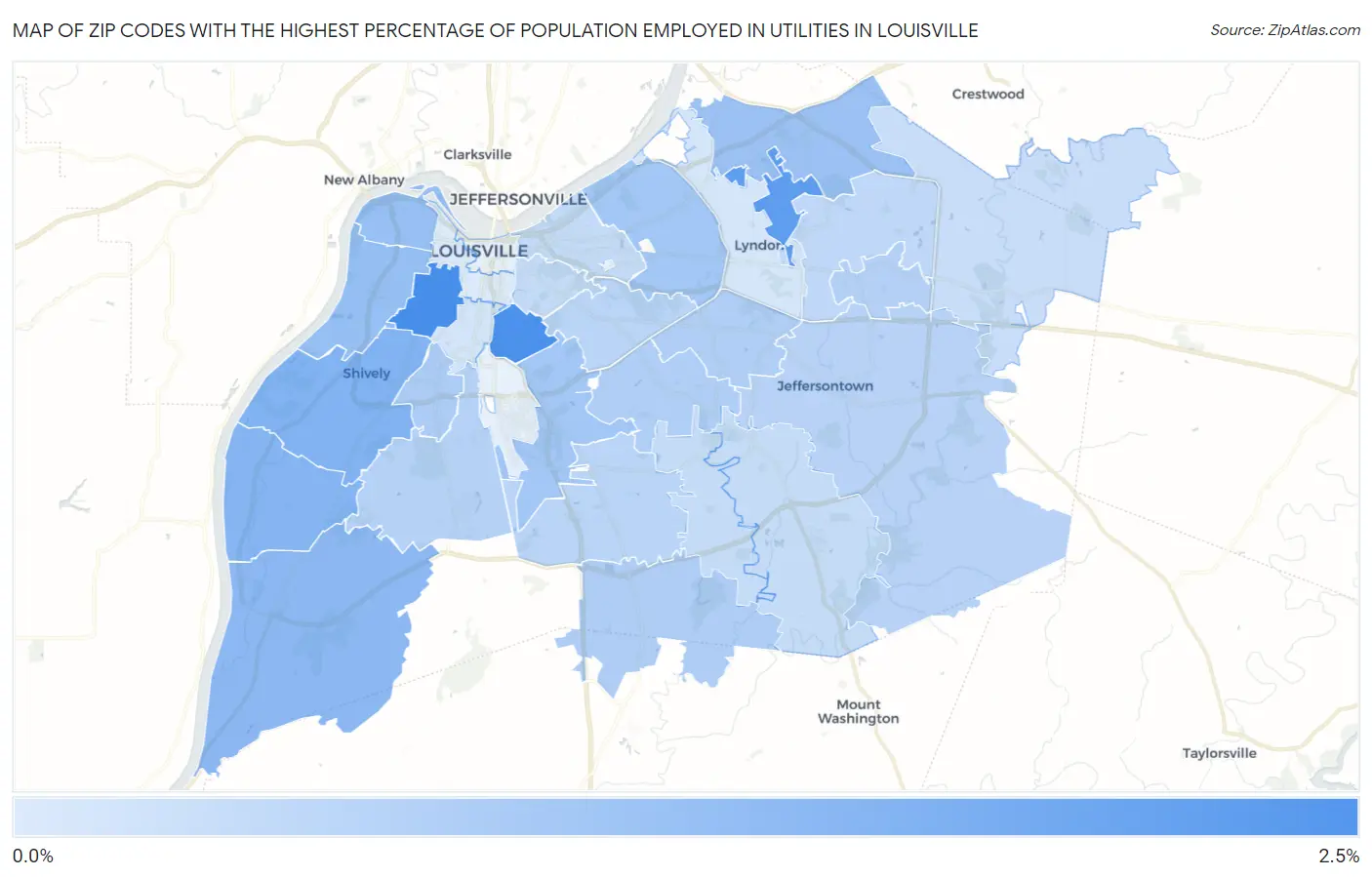 Zip Codes with the Highest Percentage of Population Employed in Utilities in Louisville Map