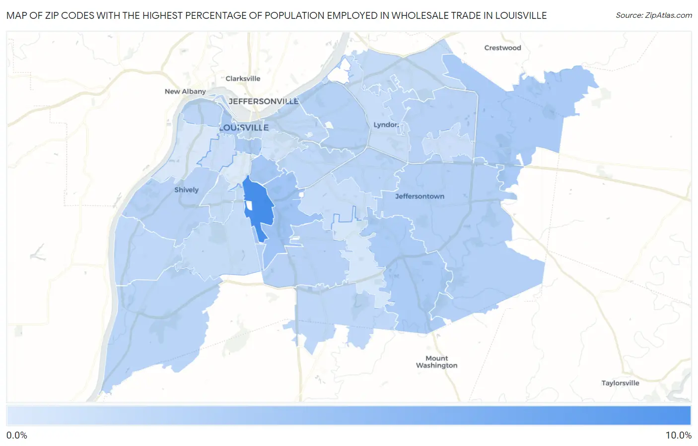 Zip Codes with the Highest Percentage of Population Employed in Wholesale Trade in Louisville Map
