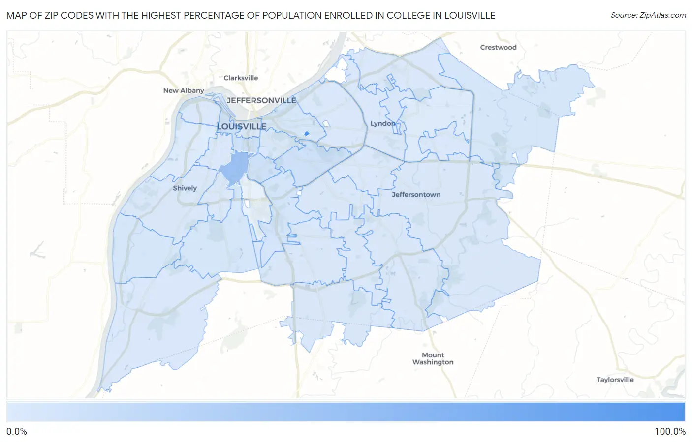 Zip Codes with the Highest Percentage of Population Enrolled in College in Louisville Map