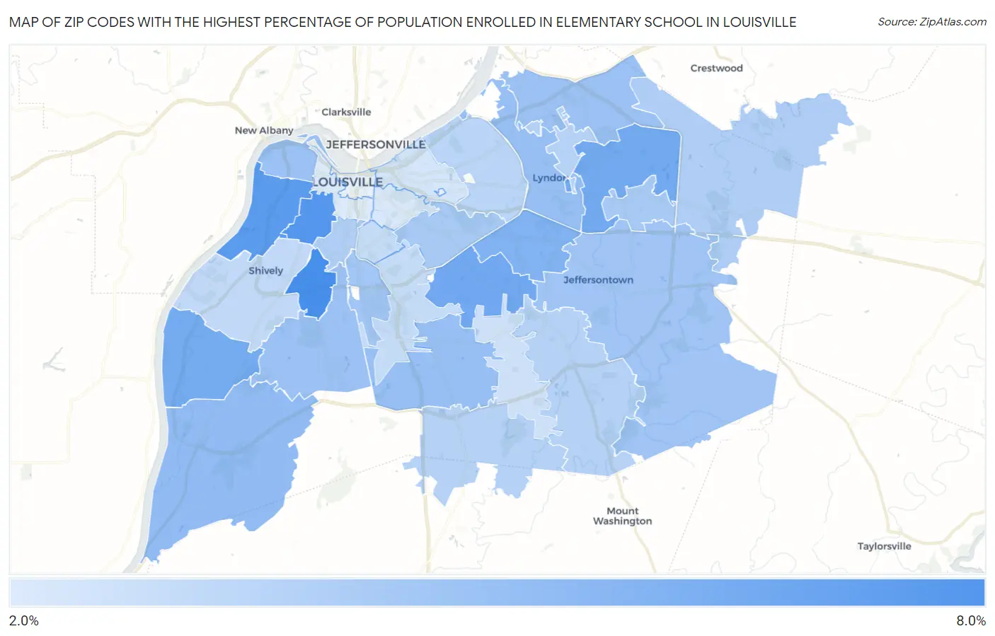 Zip Codes with the Highest Percentage of Population Enrolled in Elementary School in Louisville Map