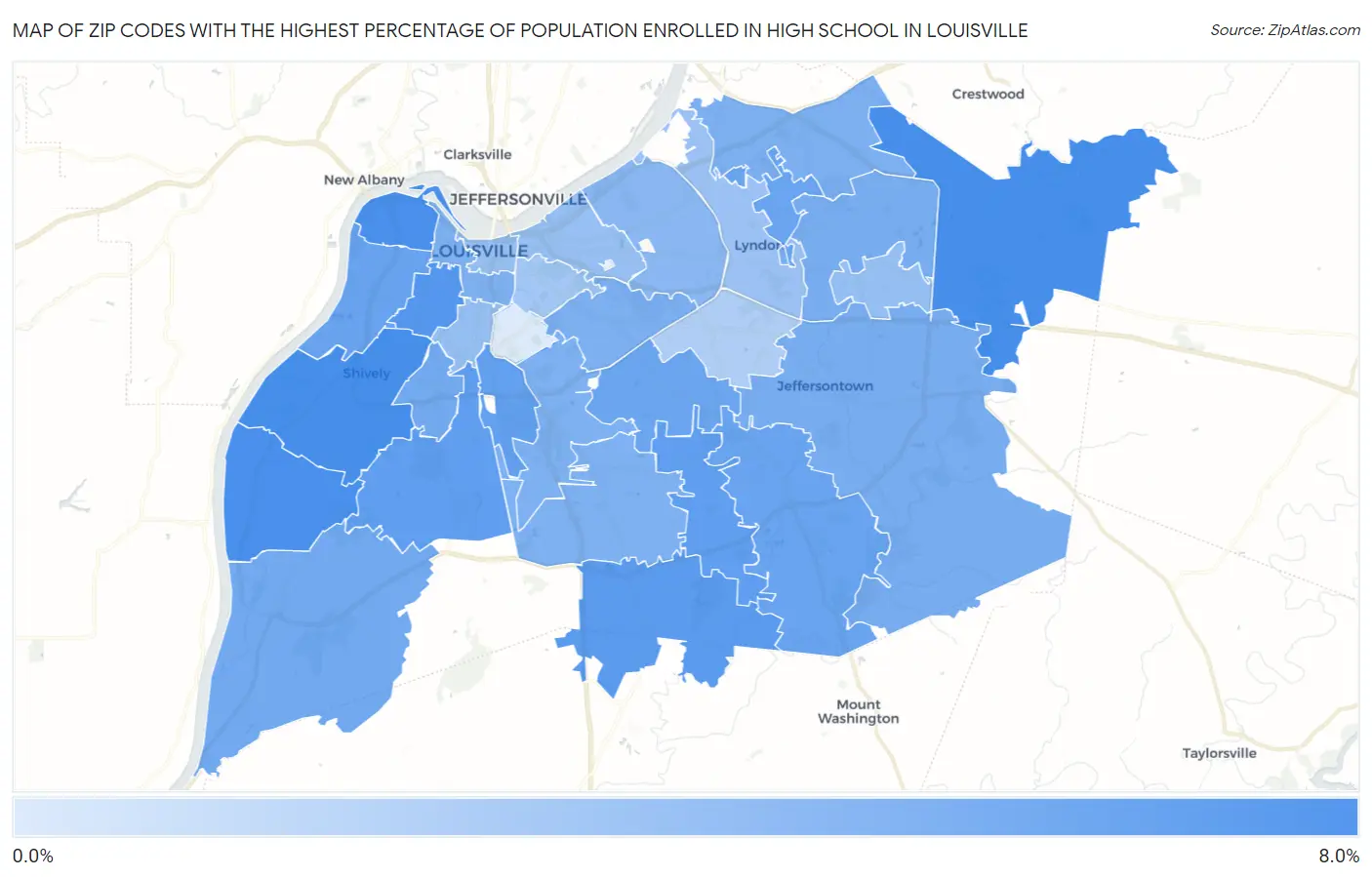 Zip Codes with the Highest Percentage of Population Enrolled in High School in Louisville Map