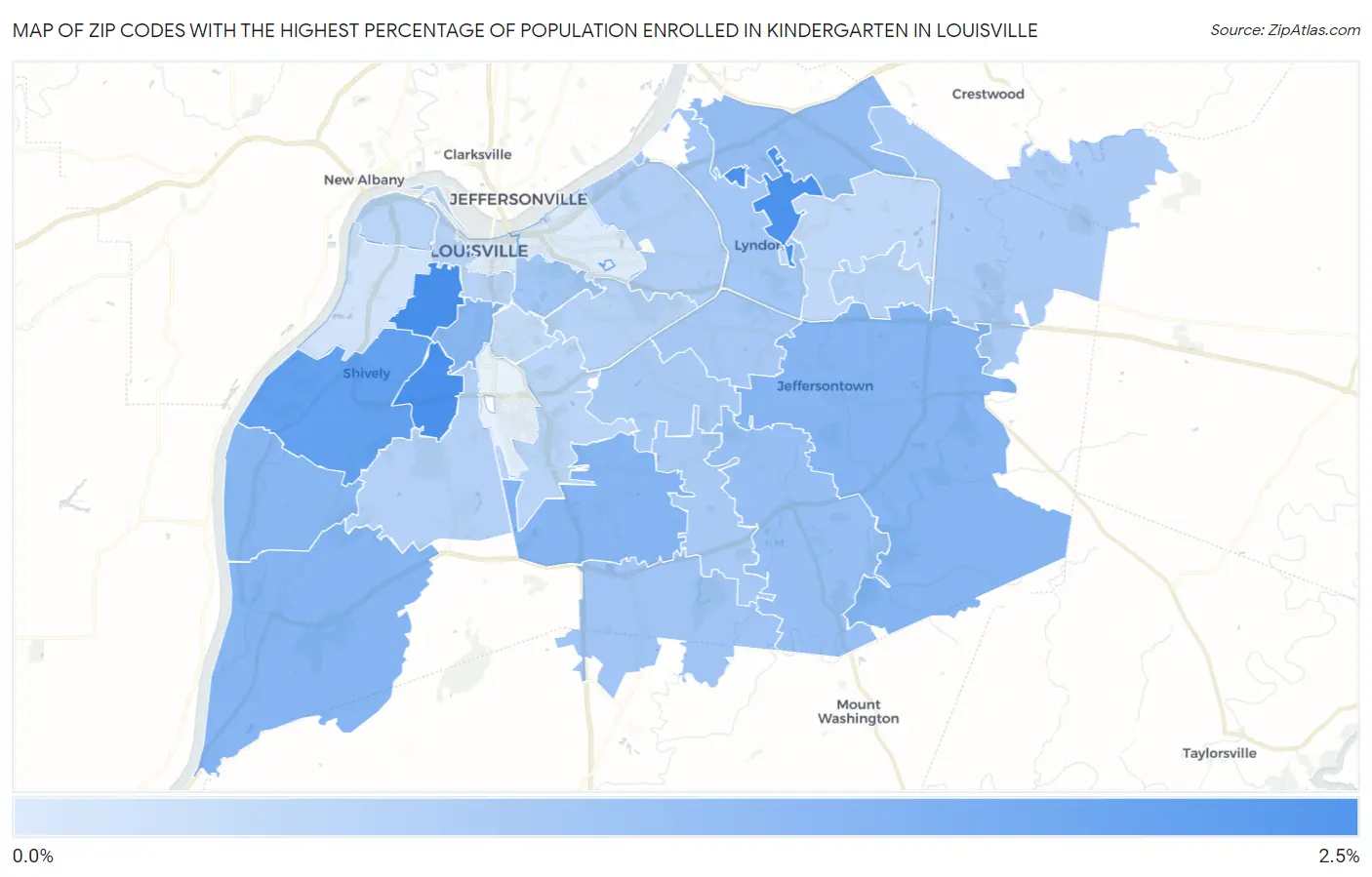 Zip Codes with the Highest Percentage of Population Enrolled in Kindergarten in Louisville Map