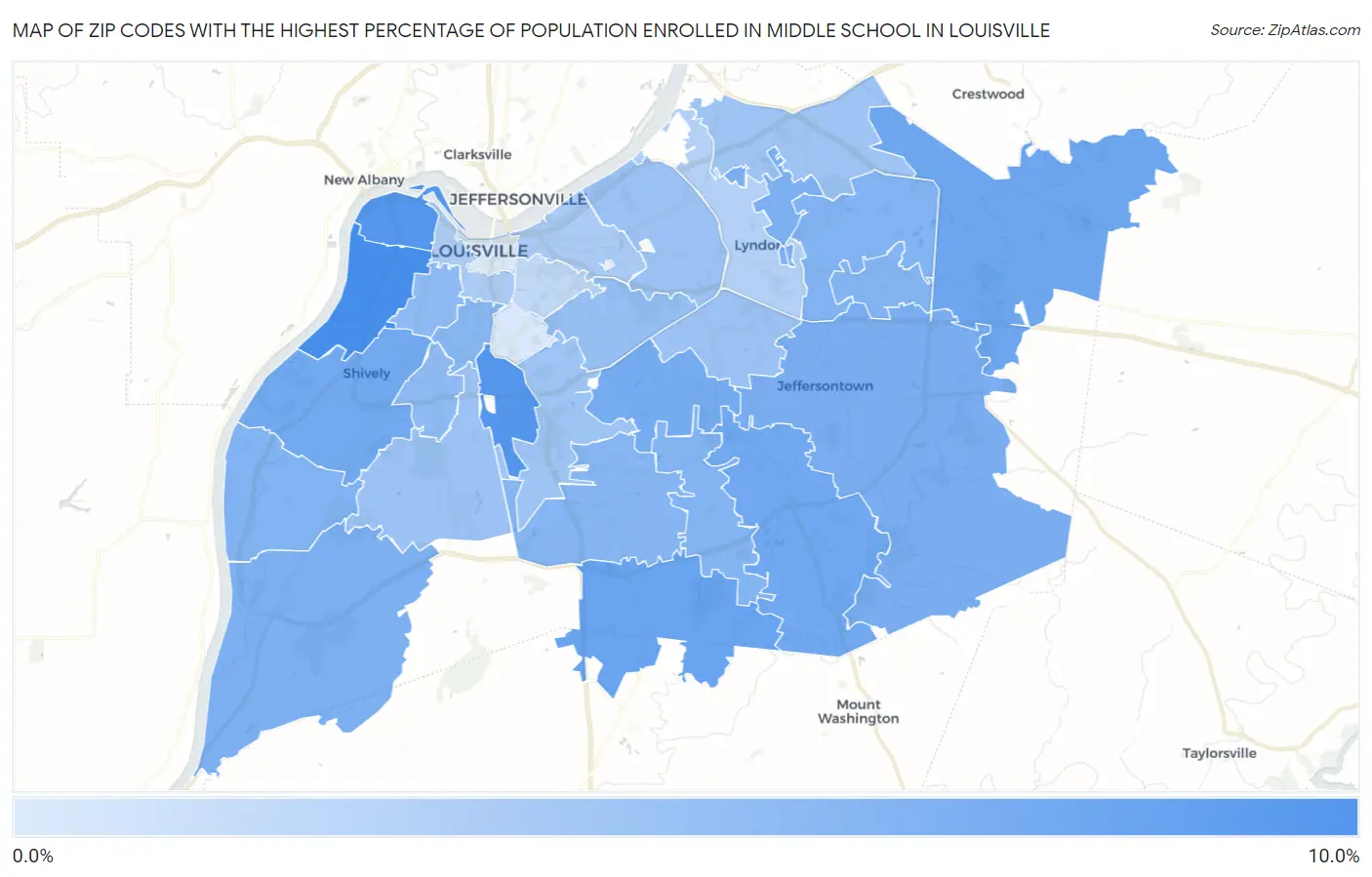 Zip Codes with the Highest Percentage of Population Enrolled in Middle School in Louisville Map