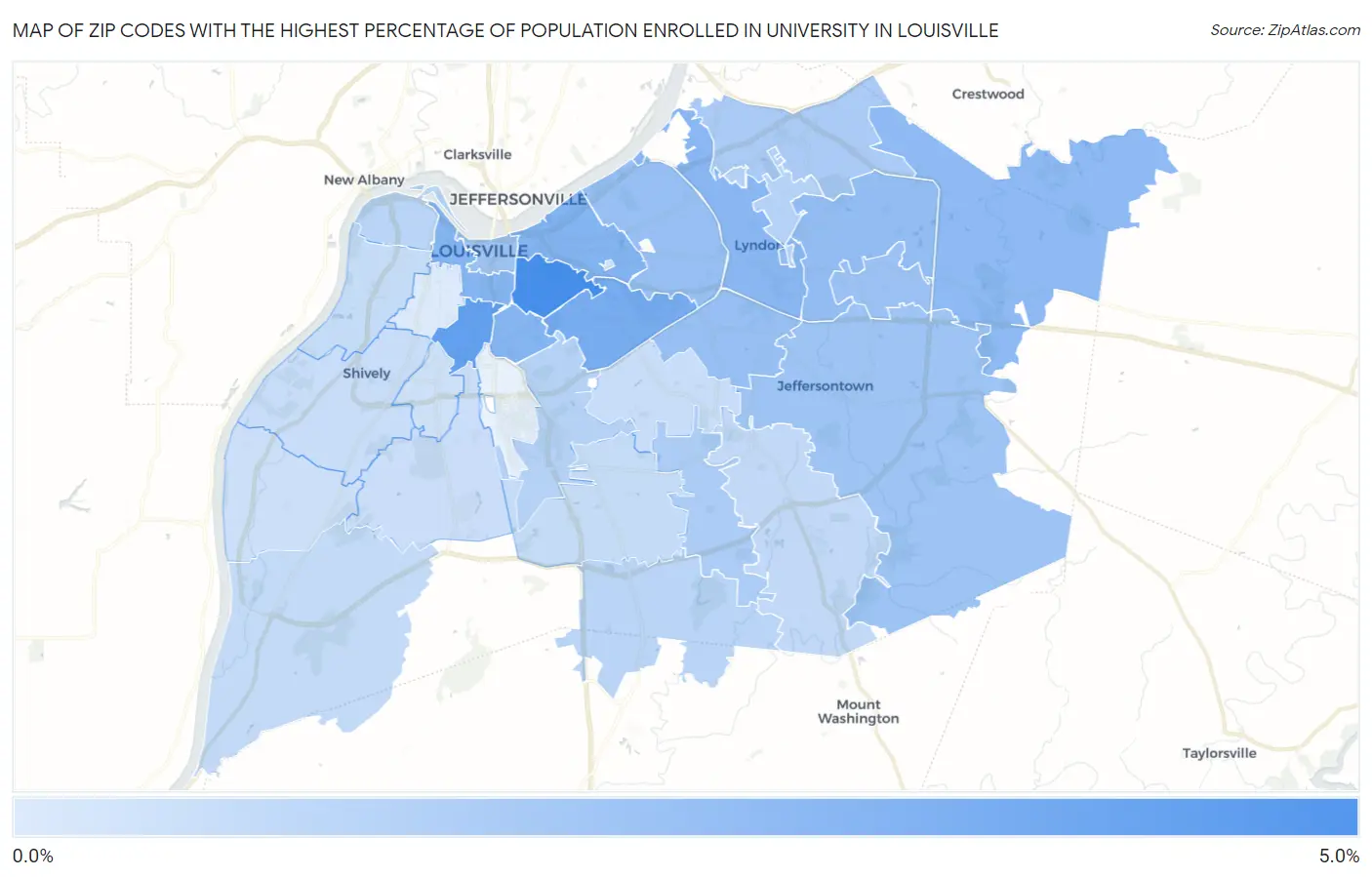 Zip Codes with the Highest Percentage of Population Enrolled in University in Louisville Map