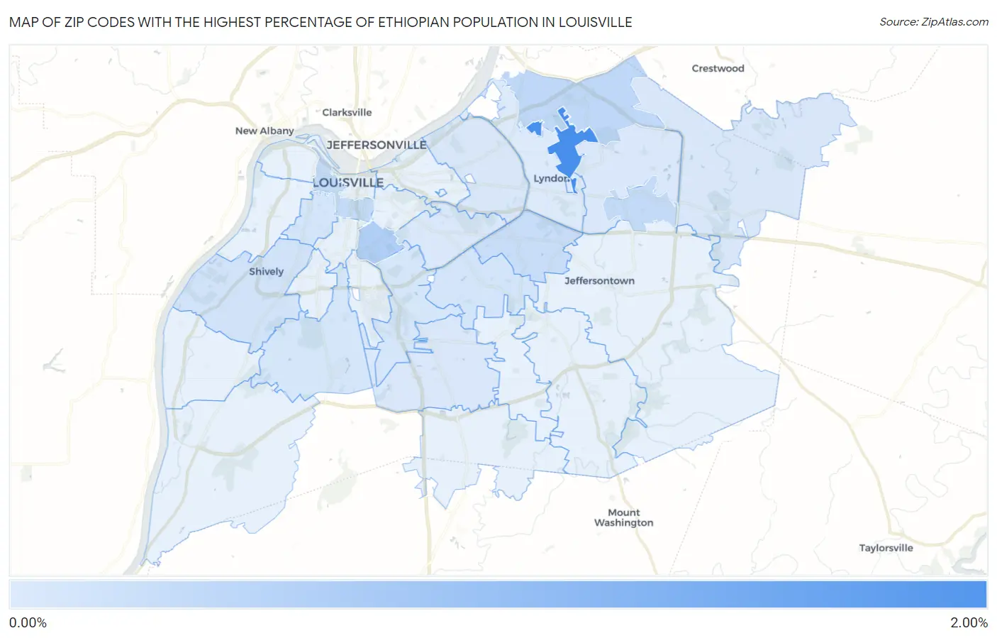 Zip Codes with the Highest Percentage of Ethiopian Population in Louisville Map