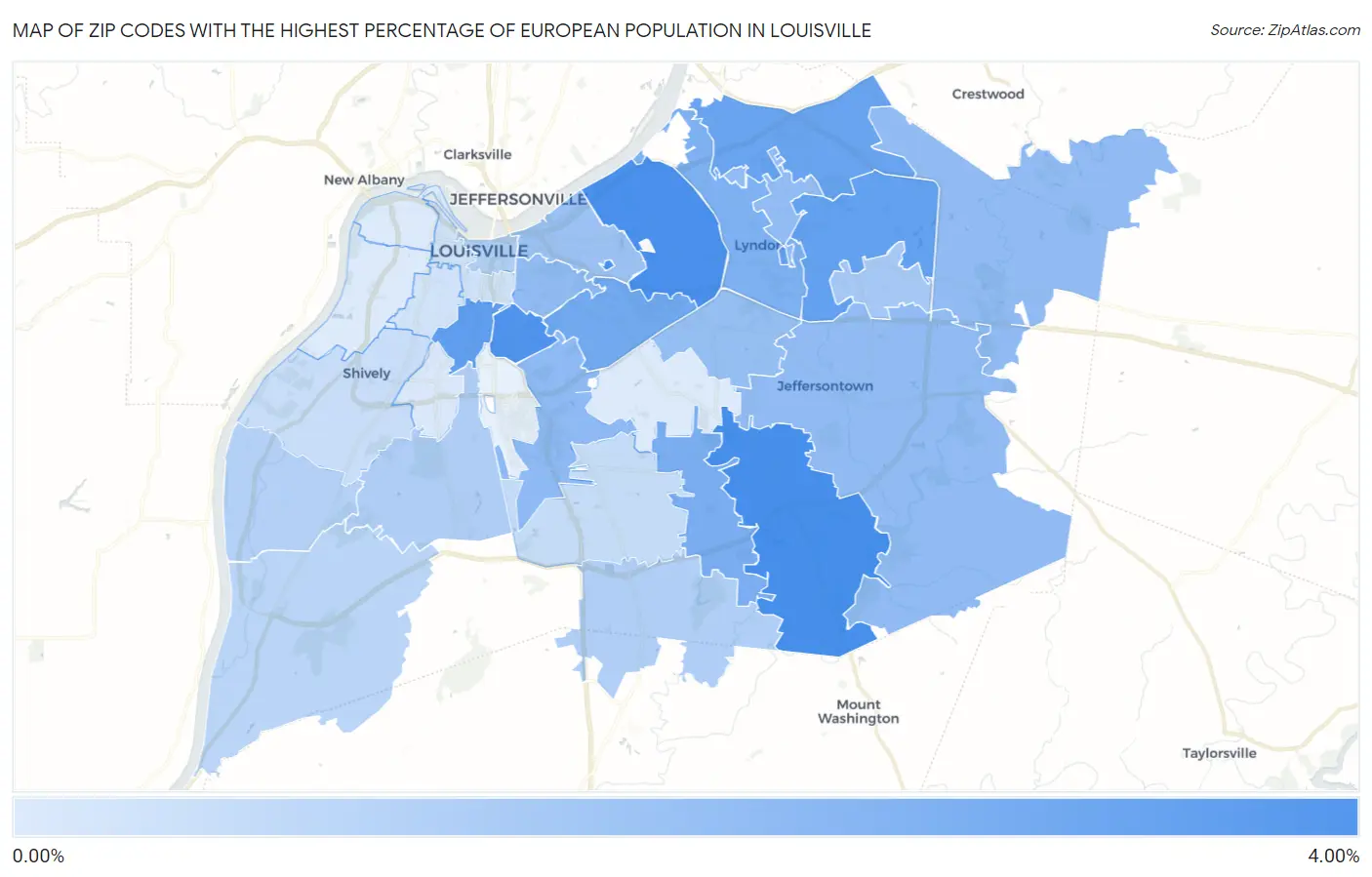 Zip Codes with the Highest Percentage of European Population in Louisville Map
