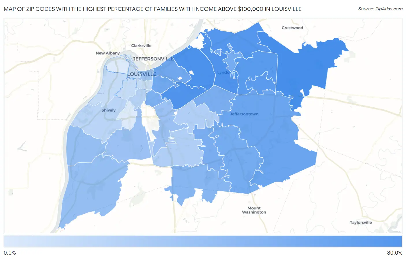 Zip Codes with the Highest Percentage of Families with Income Above $100,000 in Louisville Map