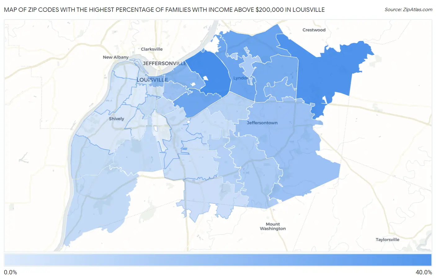 Zip Codes with the Highest Percentage of Families with Income Above $200,000 in Louisville Map