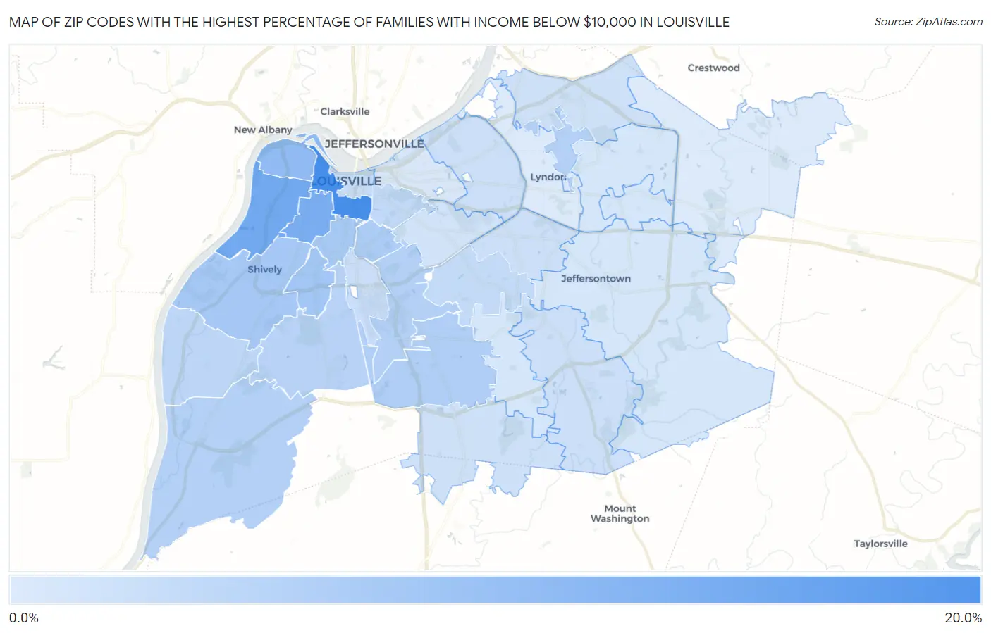 Zip Codes with the Highest Percentage of Families with Income Below $10,000 in Louisville Map
