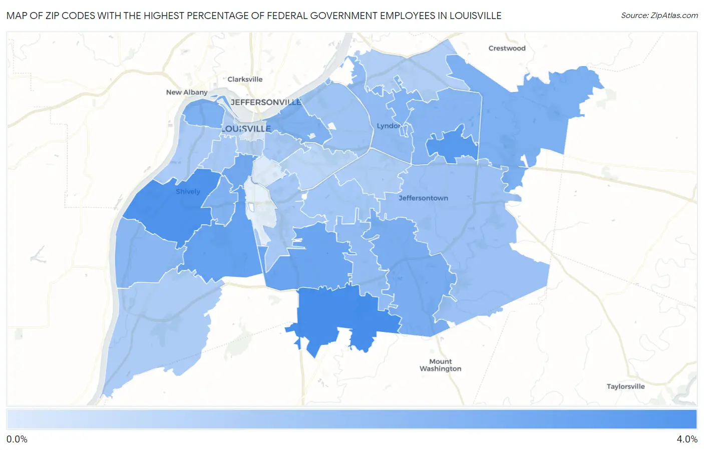 Zip Codes with the Highest Percentage of Federal Government Employees in Louisville Map