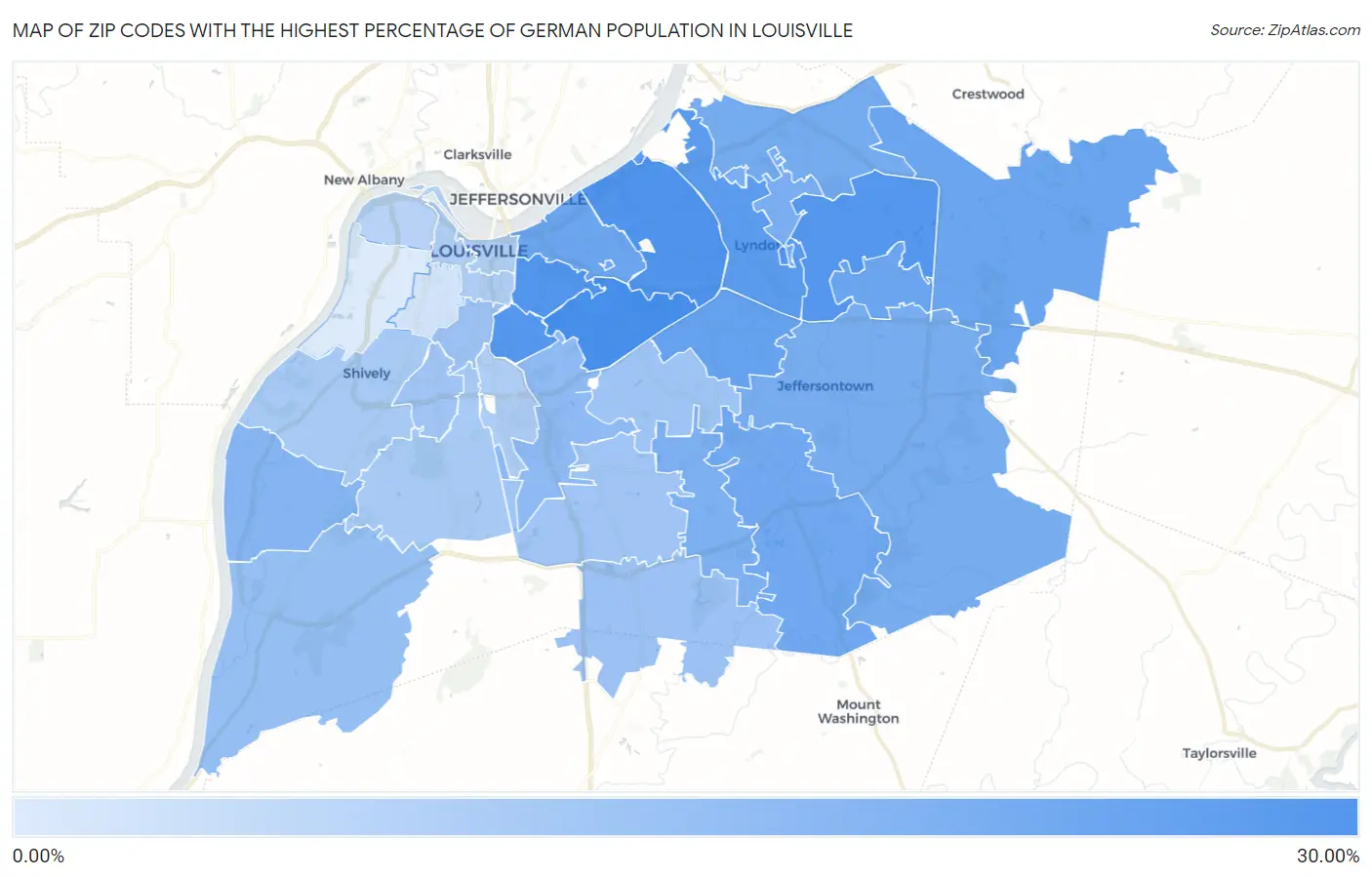 Zip Codes with the Highest Percentage of German Population in Louisville Map