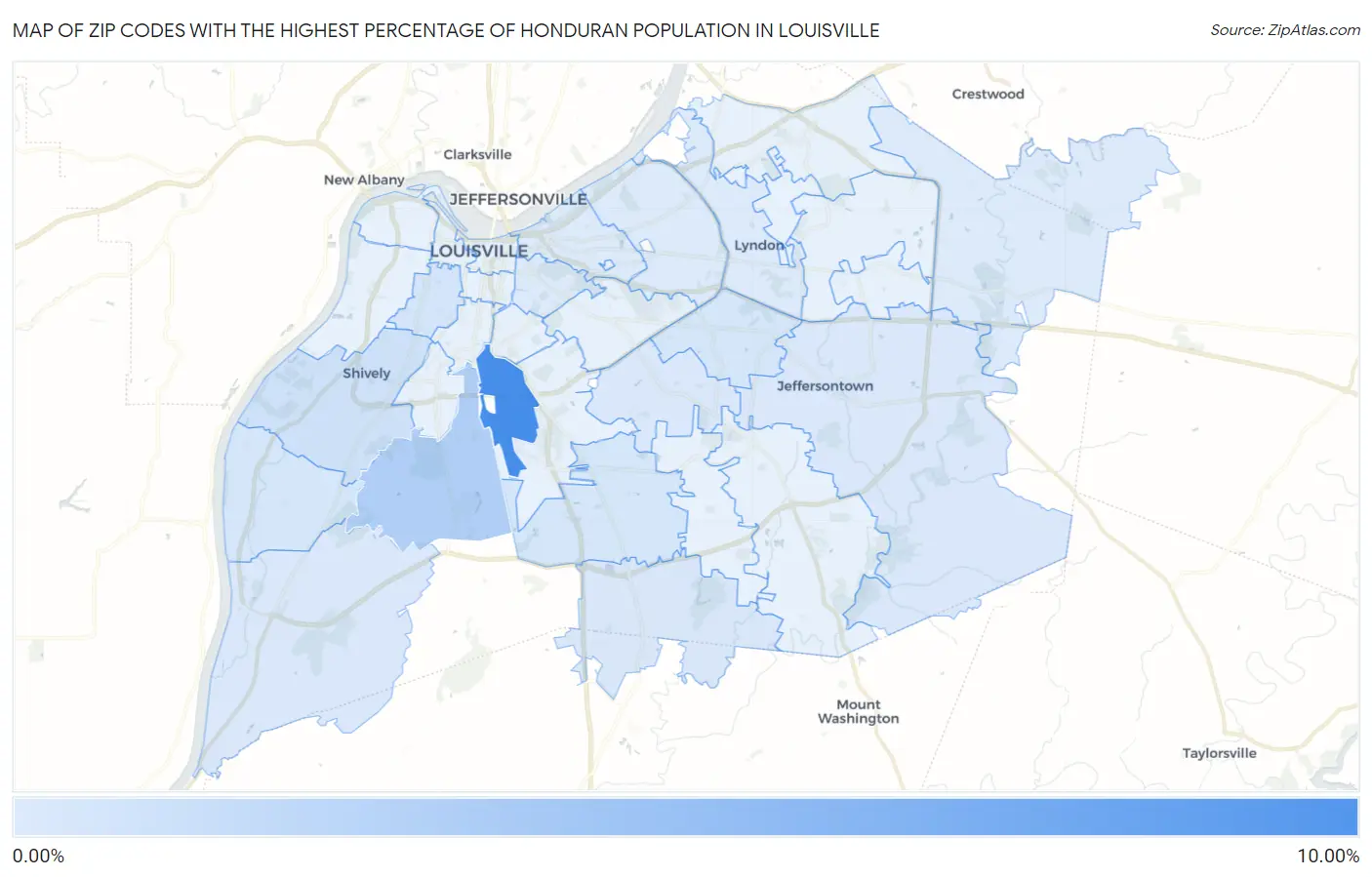 Zip Codes with the Highest Percentage of Honduran Population in Louisville Map