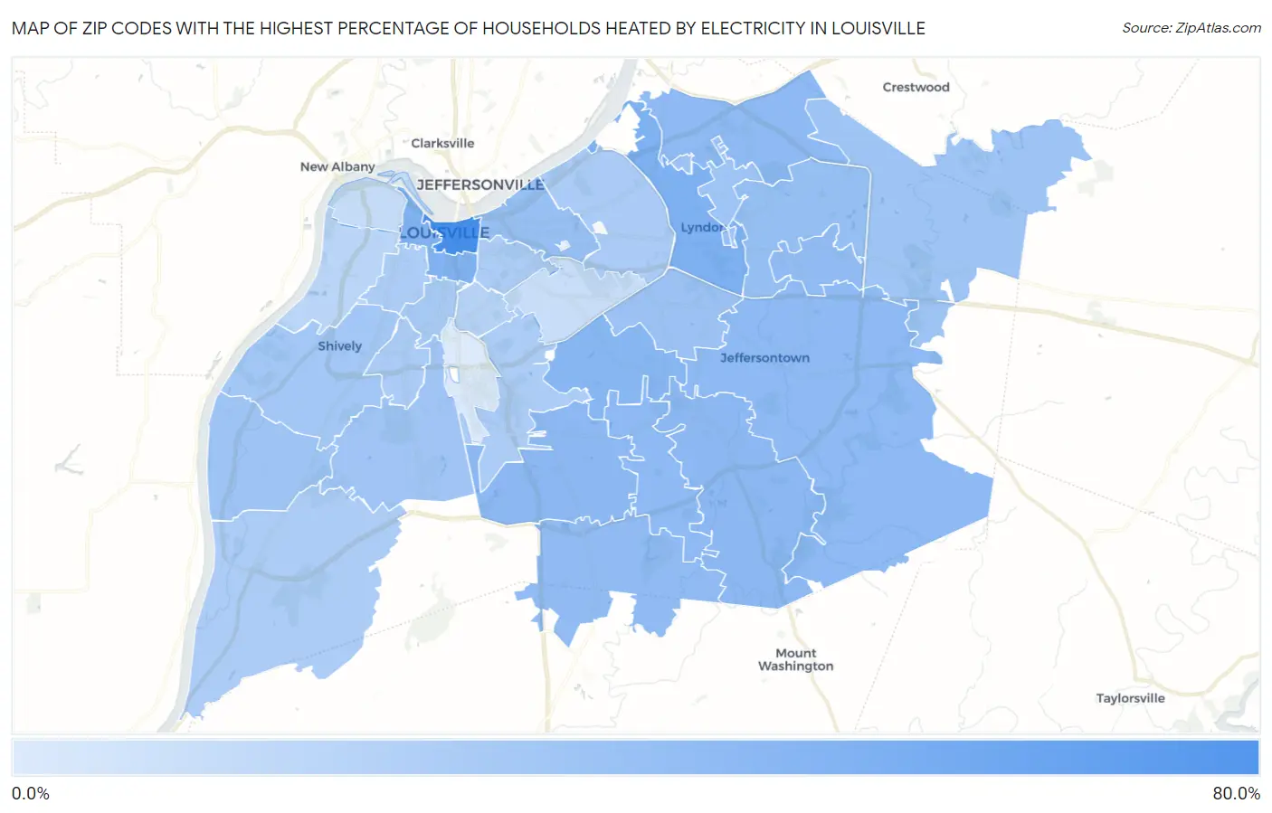 Zip Codes with the Highest Percentage of Households Heated by Electricity in Louisville Map