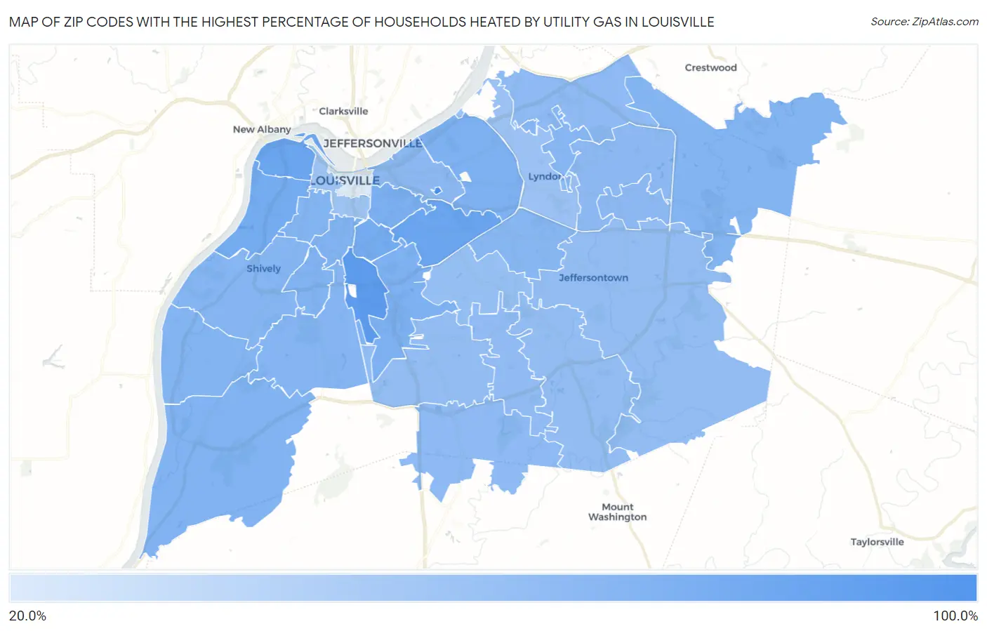 Zip Codes with the Highest Percentage of Households Heated by Utility Gas in Louisville Map