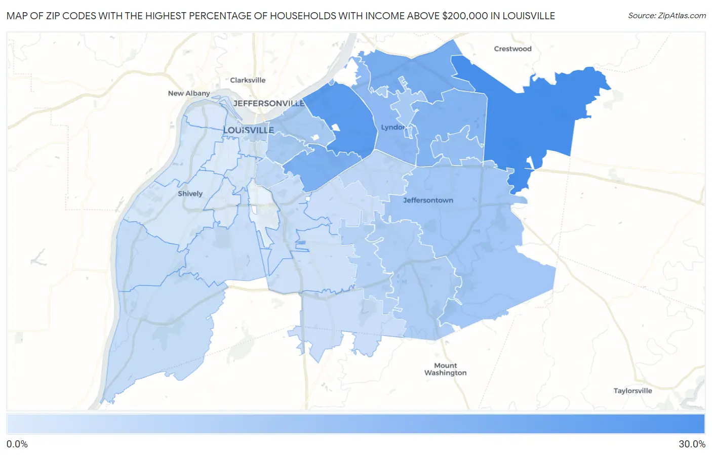 Zip Codes with the Highest Percentage of Households with Income Above $200,000 in Louisville Map