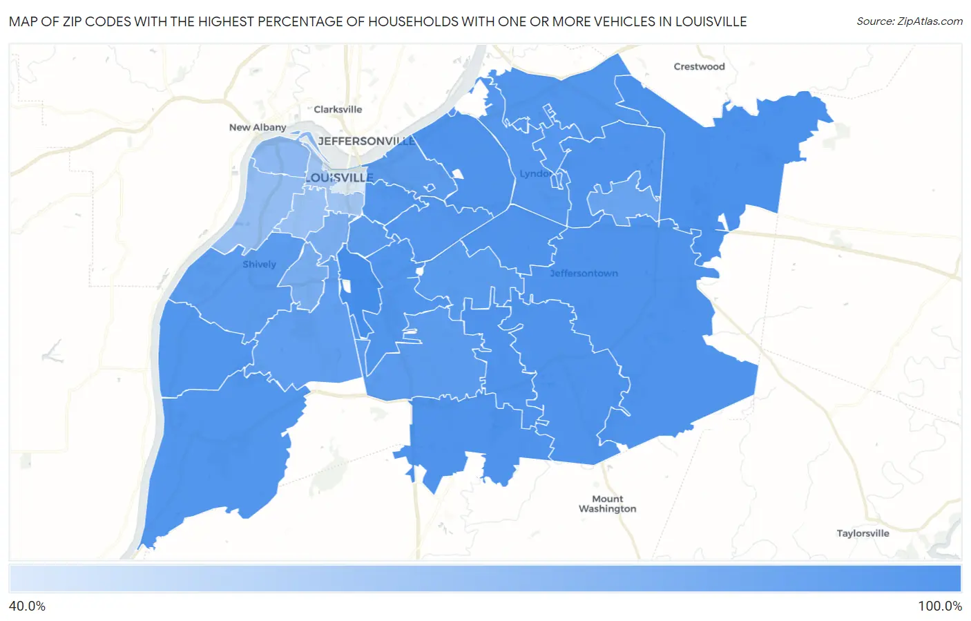 Zip Codes with the Highest Percentage of Households With One or more Vehicles in Louisville Map