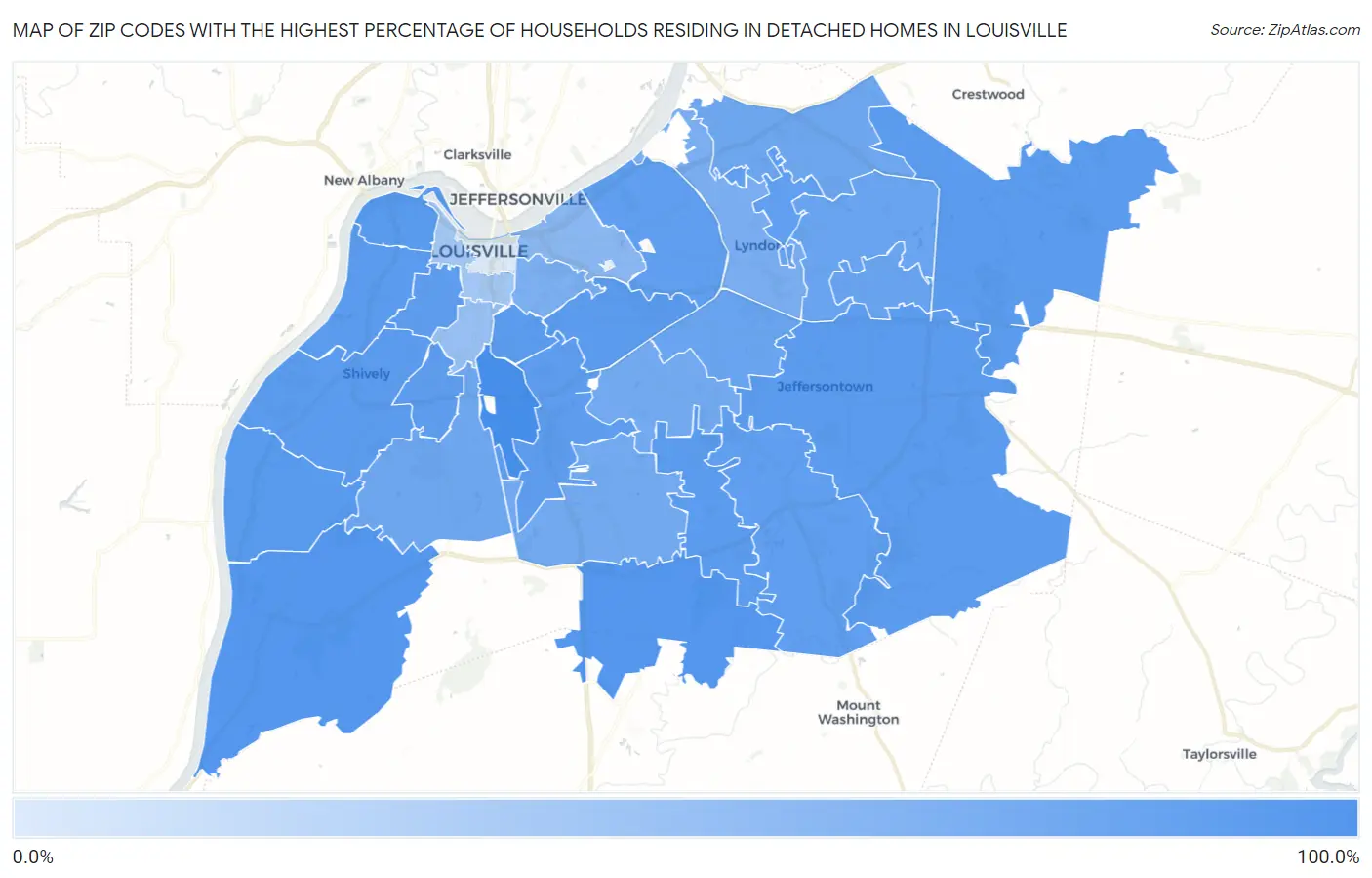 Zip Codes with the Highest Percentage of Households Residing in Detached Homes in Louisville Map