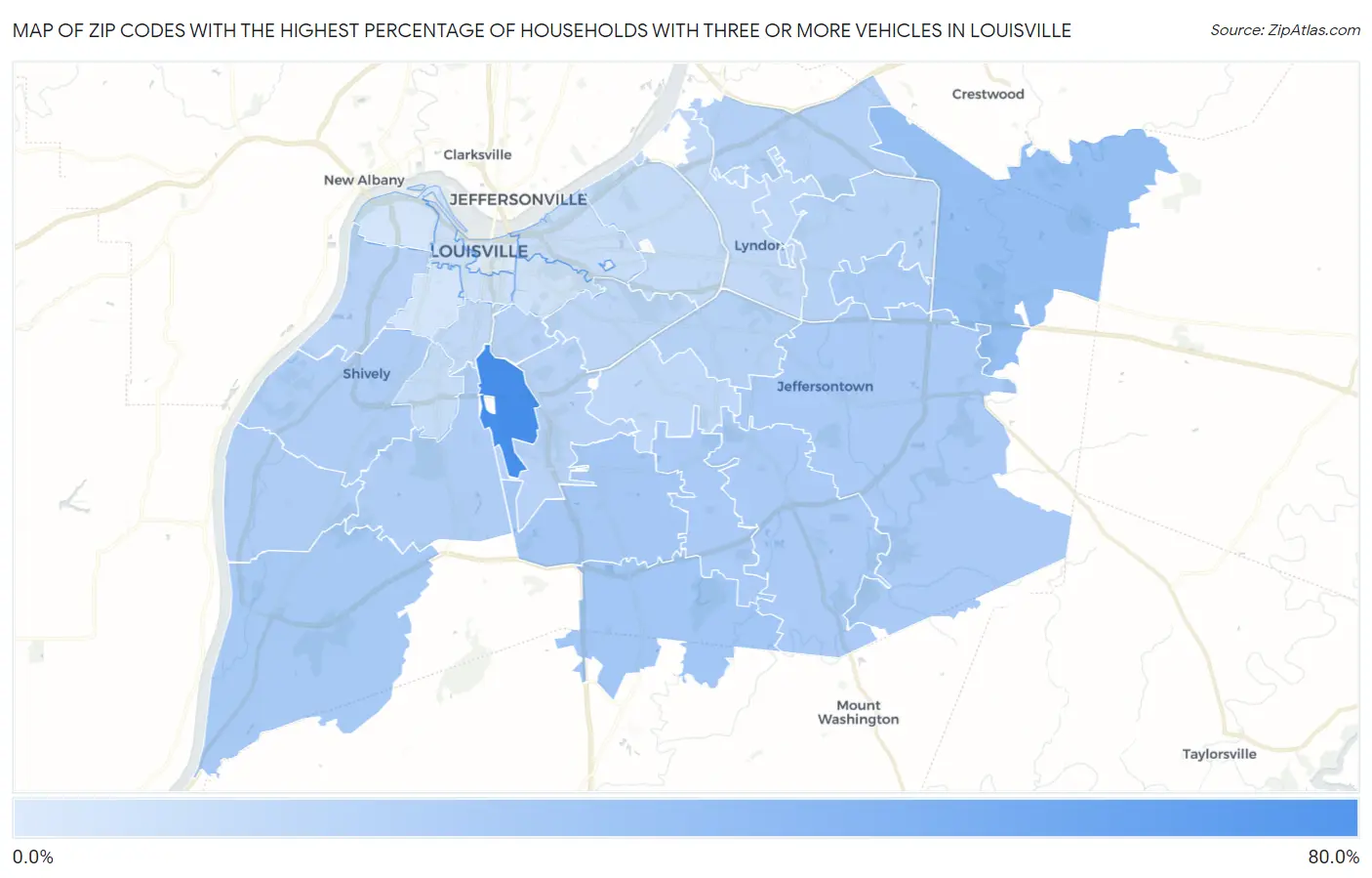 Zip Codes with the Highest Percentage of Households With Three or more Vehicles in Louisville Map