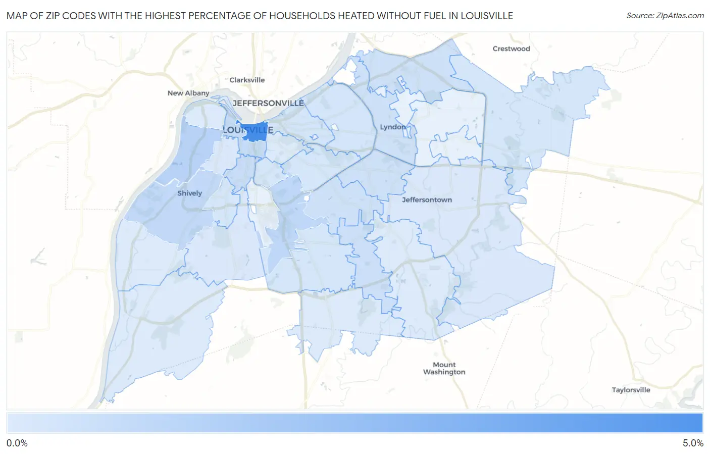 Zip Codes with the Highest Percentage of Households Heated without Fuel in Louisville Map
