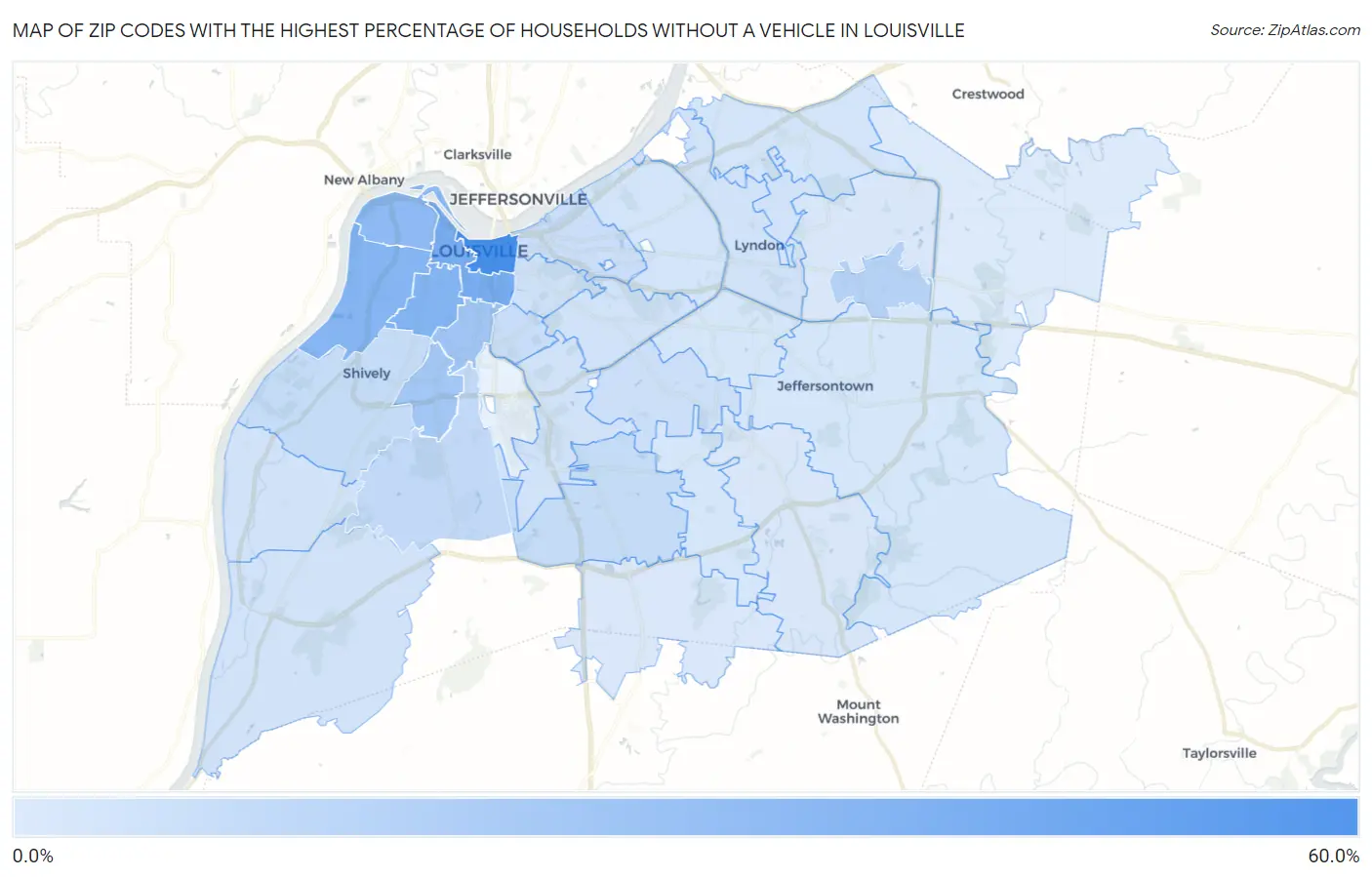 Zip Codes with the Highest Percentage of Households Without a Vehicle in Louisville Map